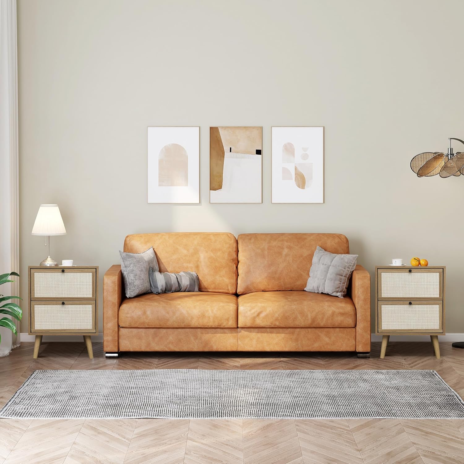 Juego de 2 mesitas de noche de ratán, mesa auxiliar de ratán con 2 cajones decorados a mano, mesa decorativa de madera con 2 cajones de