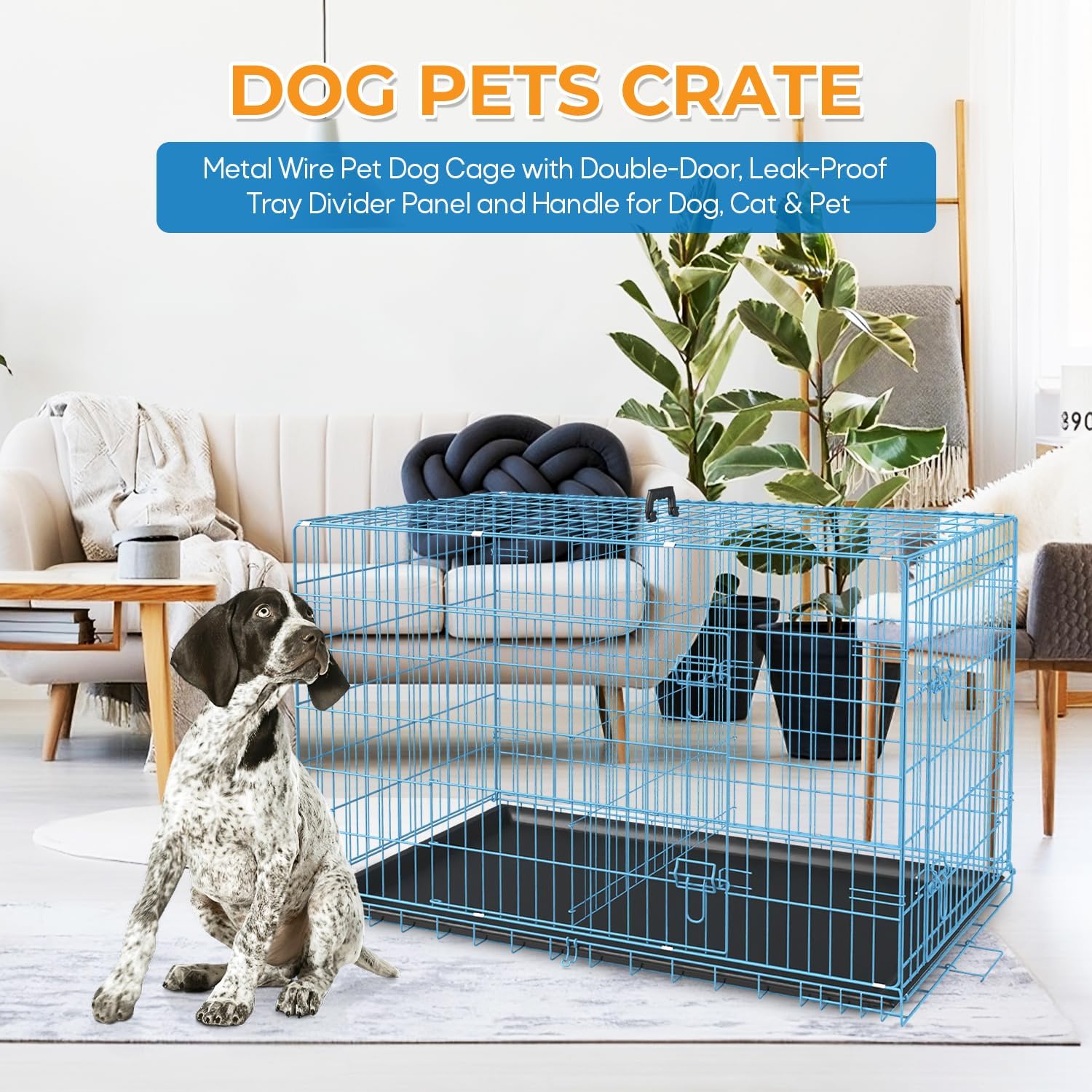 Jaula para perros de 36 pulgadas, plegable, grande, de alambre de metal, con bandeja divisor de doble puerta a prueba de fugas y asa para perro,