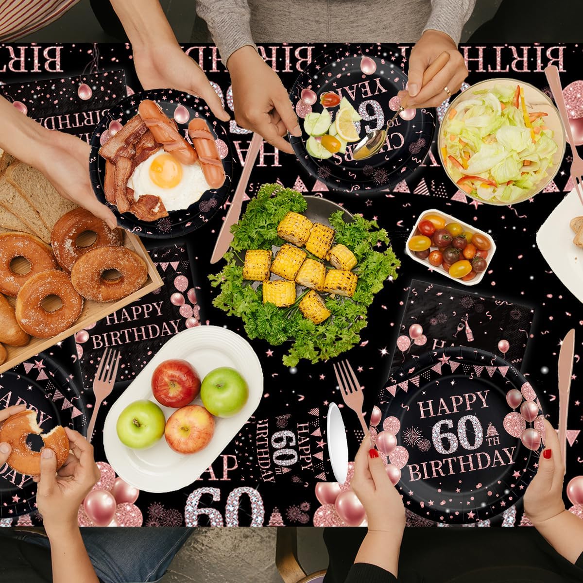 Juego de 142 platos y servilletas desechables de oro rosa para cumpleaños n. 60, para 20 invitados