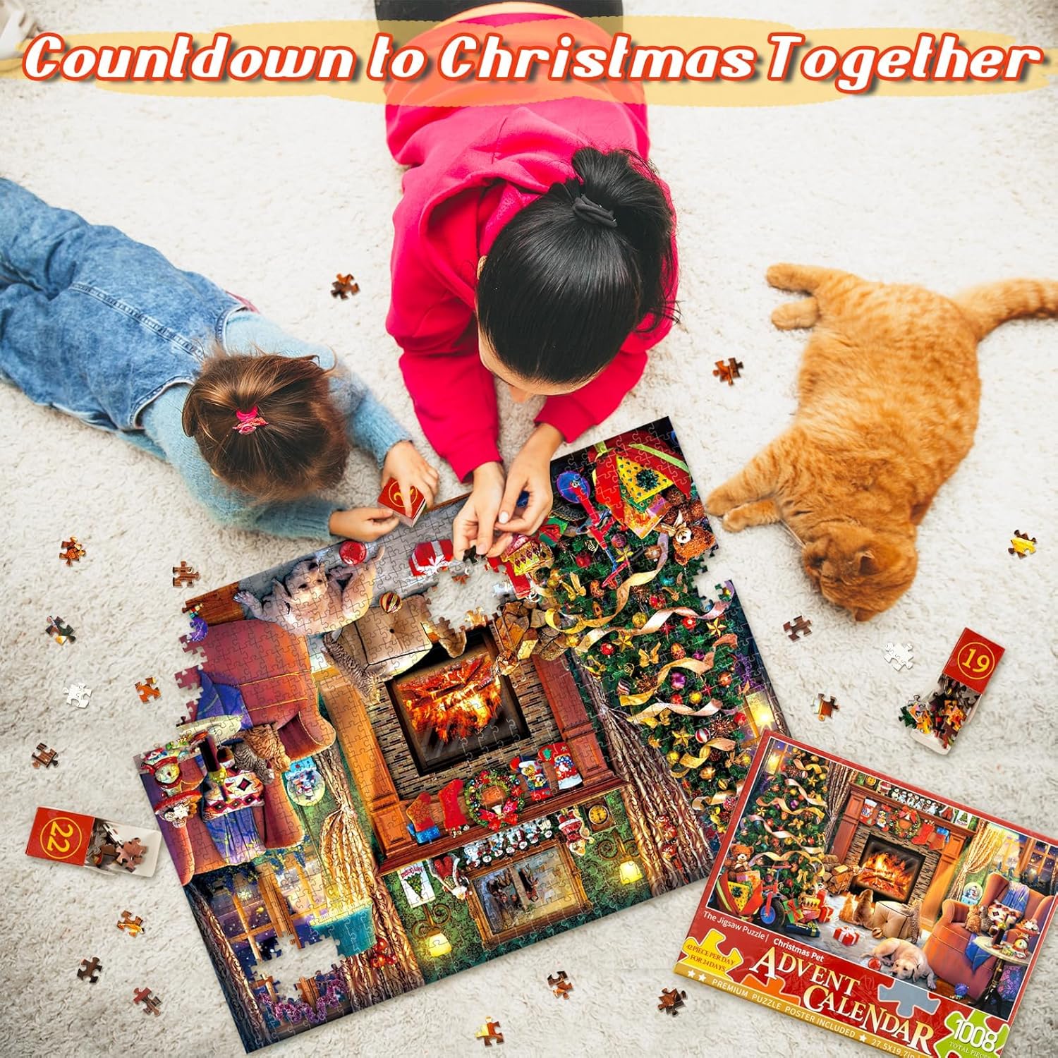 Calendario de Adviento 2023 – Rompecabezas de Navidad  1008 piezas de calendario de cuenta regresiva de 24 días de Navidad, rompecabezas de chimenea