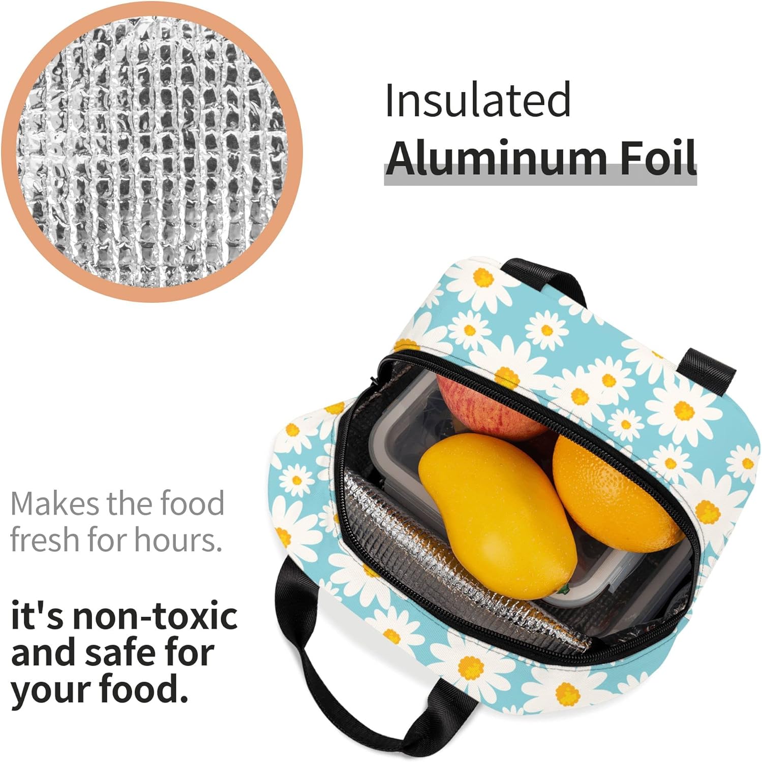 Daisy Flora – Lonchera térmica para mujeres, lonchera portátil con diseño de margaritas y flores, reutilizable, térmica, bolsa de almuerzo para la