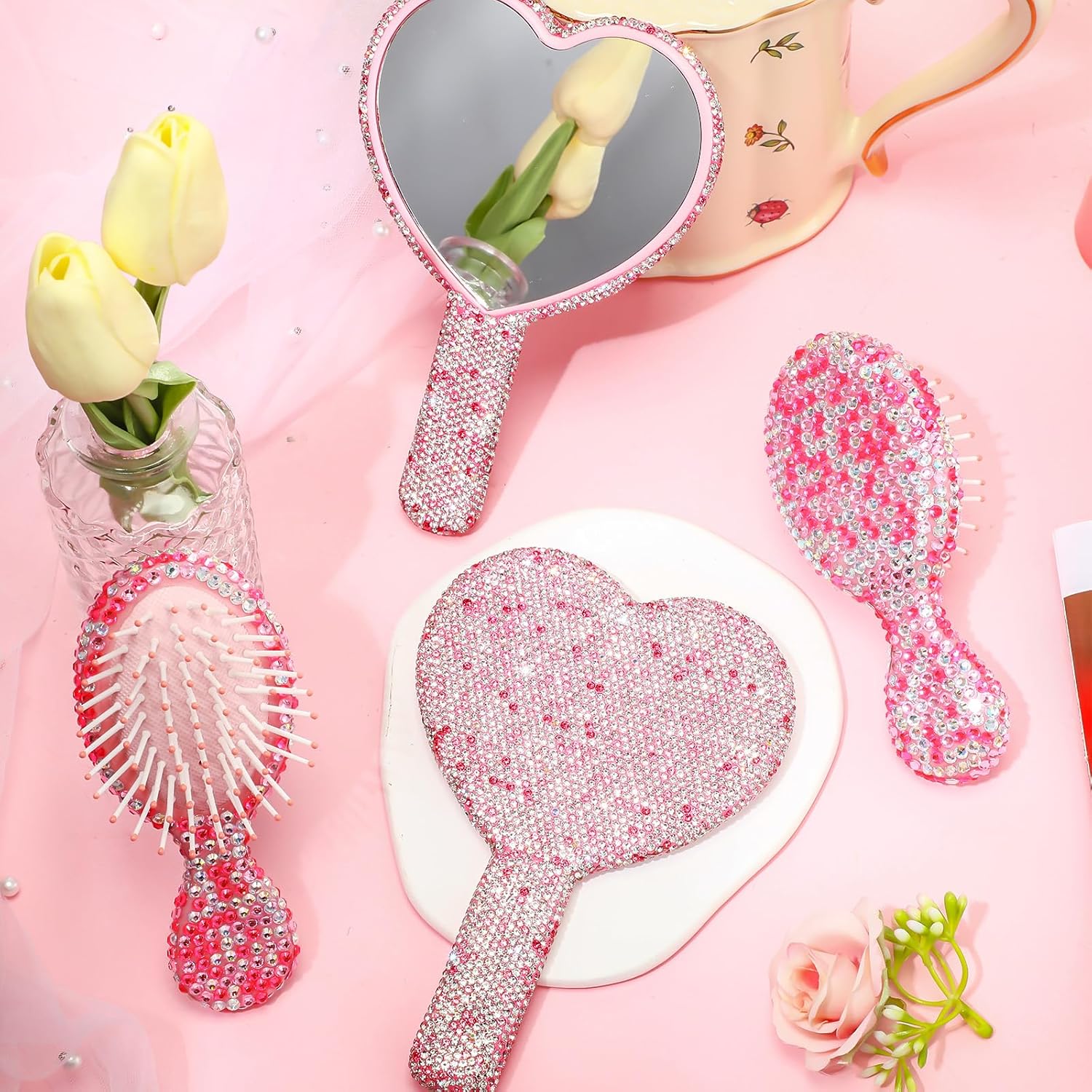 Thyle Juego de 4 piezas de espejo de mano con diamantes de imitación y cepillo para el cabello, 2 bonitos espejos en forma de corazón, 2 cepillos de
