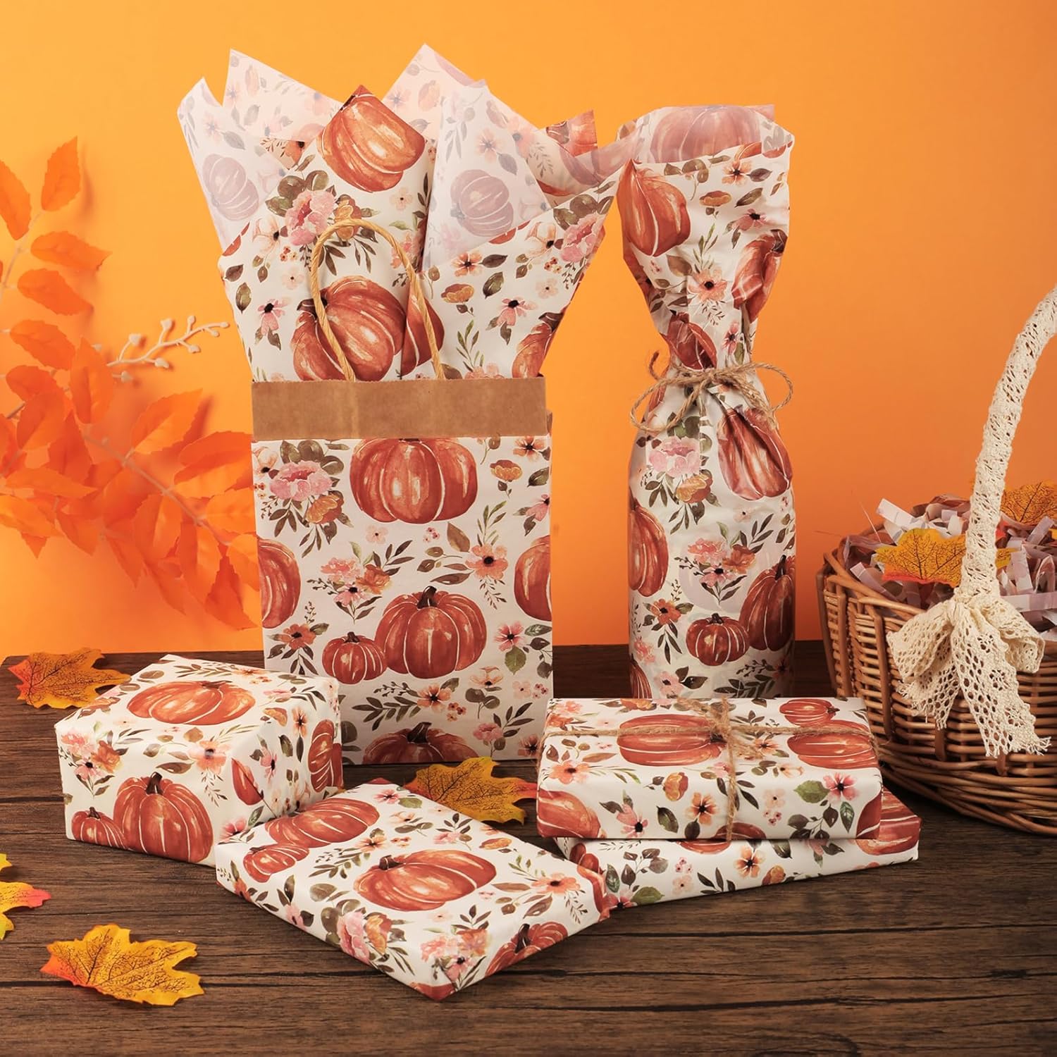 100 hojas de papel de seda de otoño de 20 x 14 pulgadas para bolsas de regalo, papel de envoltura de regalo con estampado floral de calabaza para el
