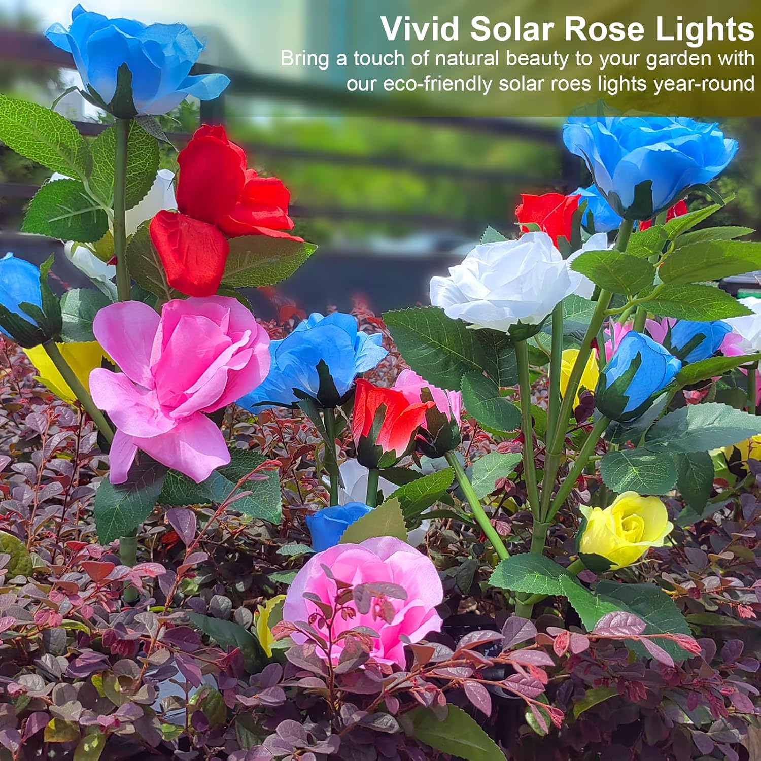 Luces solares de jardín decorativas para exteriores, paquete de 2 luces solares de jardín con 12 rosas, LED multicolor, impermeable, funciona con