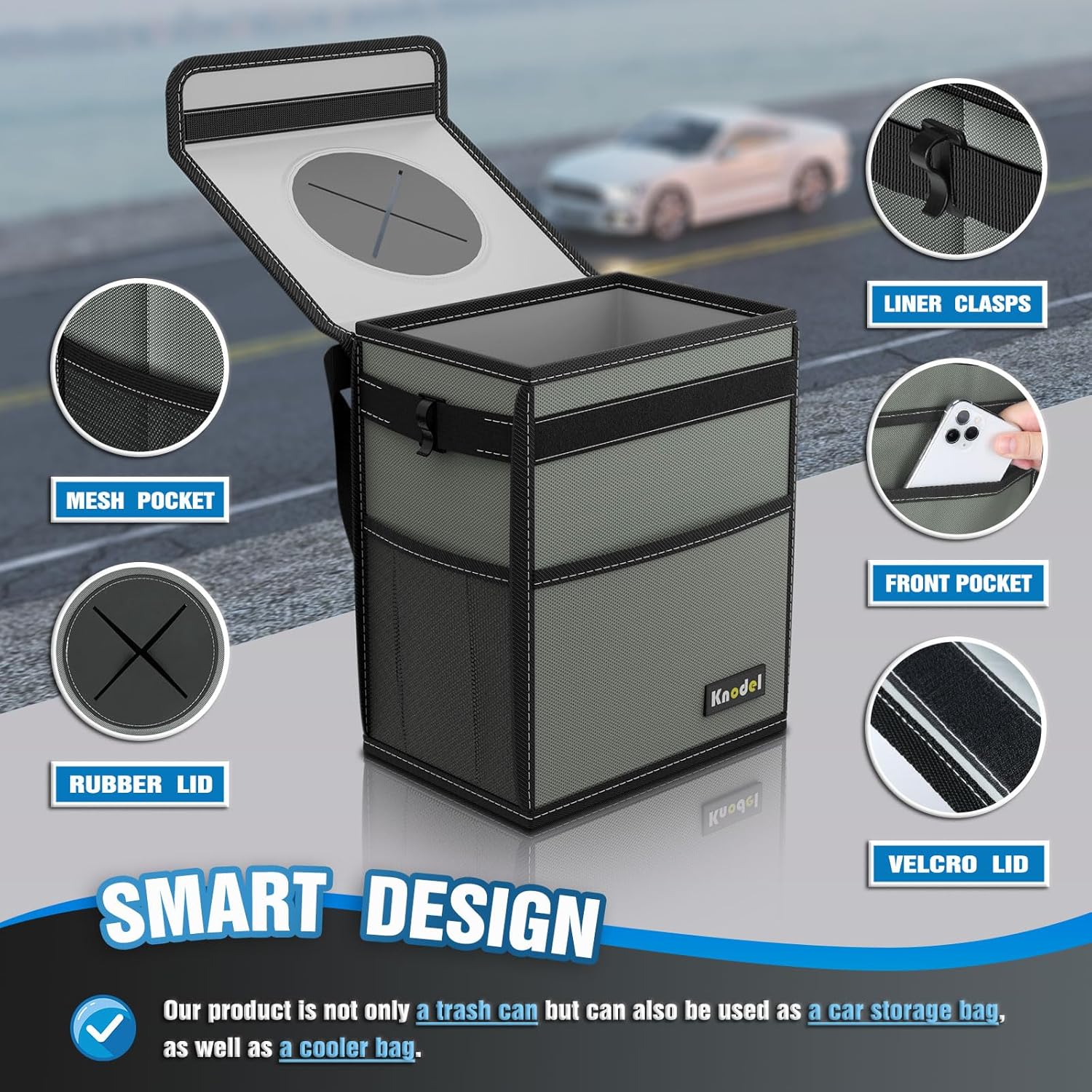 Knodel – Papelera para coche, impermeable, con tapa, a prueba de fugas, bolsa de basura para coche, para colgar.