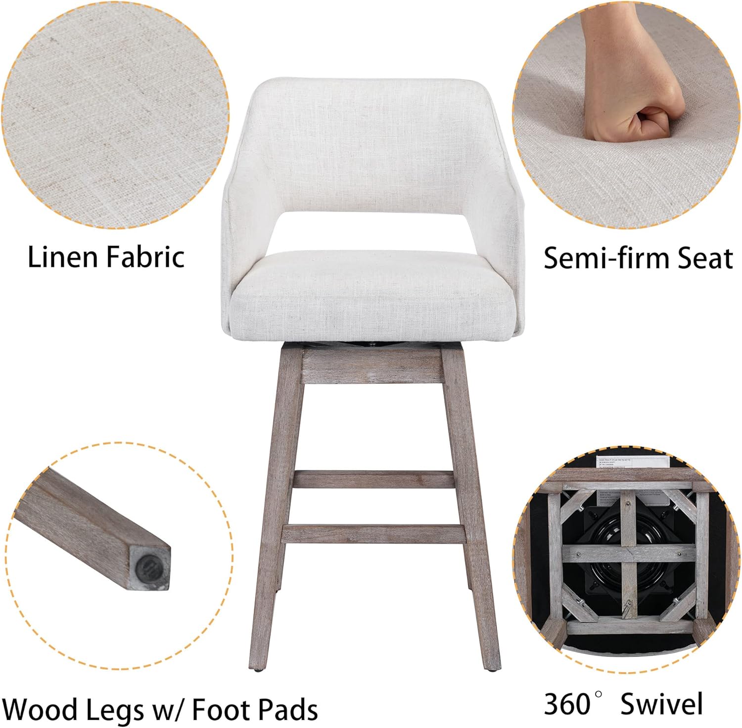 Juego de 2 taburetes de bar de 28 pulgadas de altura de mostrador, taburetes de bar giratorios de 360 con respaldo y patas de madera, sillas