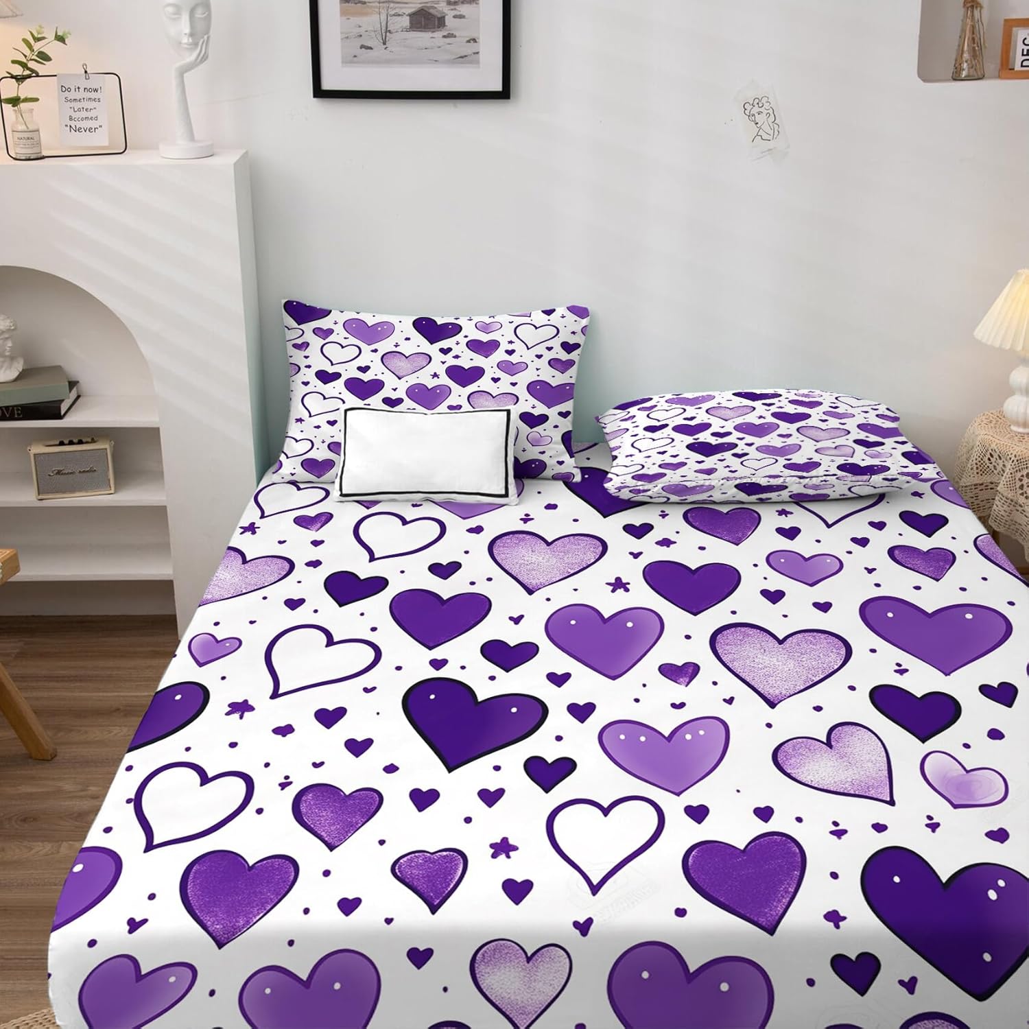 zcsm Juego de sábanas de tamaño King con diseño de corazón, sábanas de microfibra suave y bolsillo profundo, sábanas y fundas de almohada estampadas