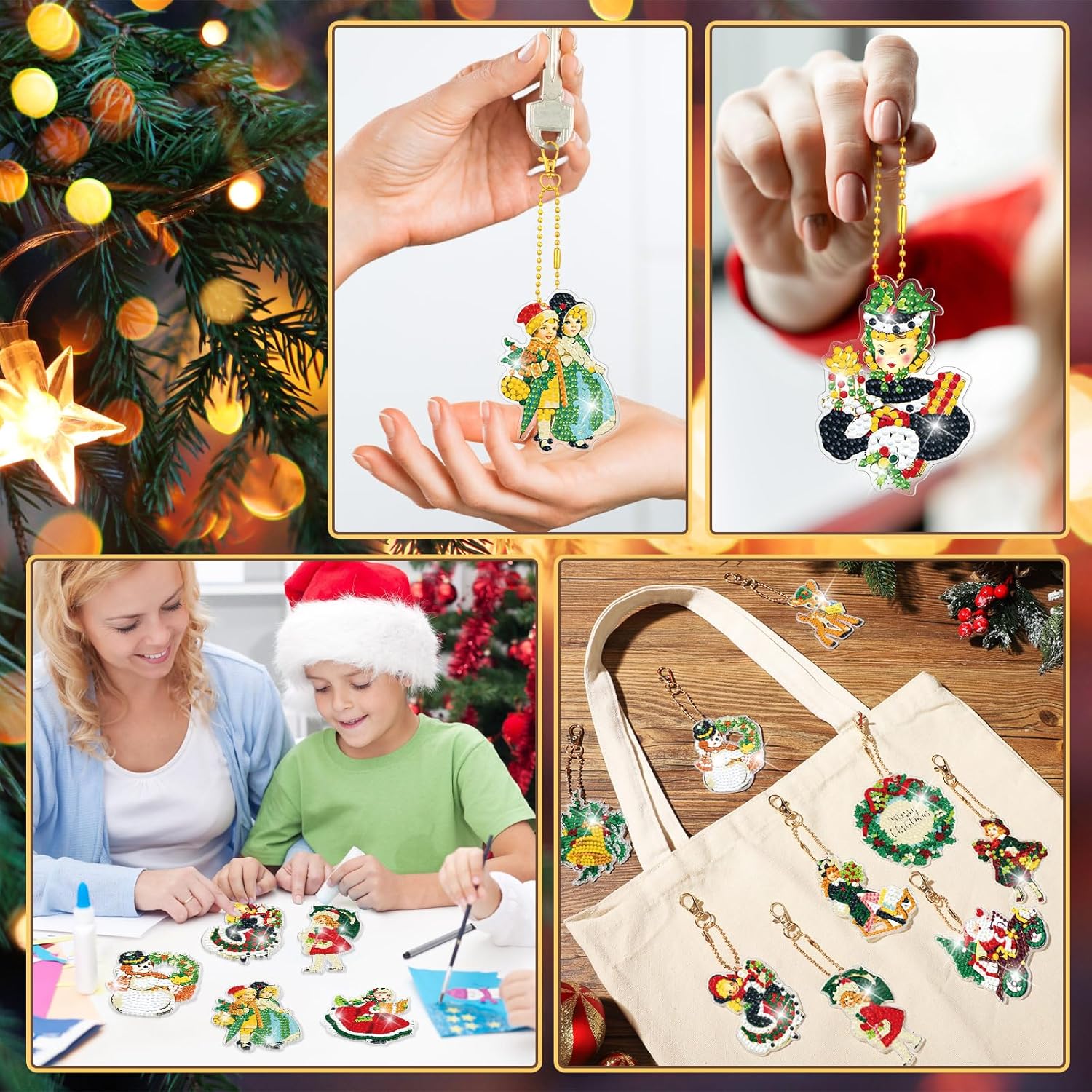 BBTO 15 llaveros de pintura de diamante vintage de Navidad, adornos de pintura de diamantes 5D, llaveros de arte de diamantes de Navidad para niños,