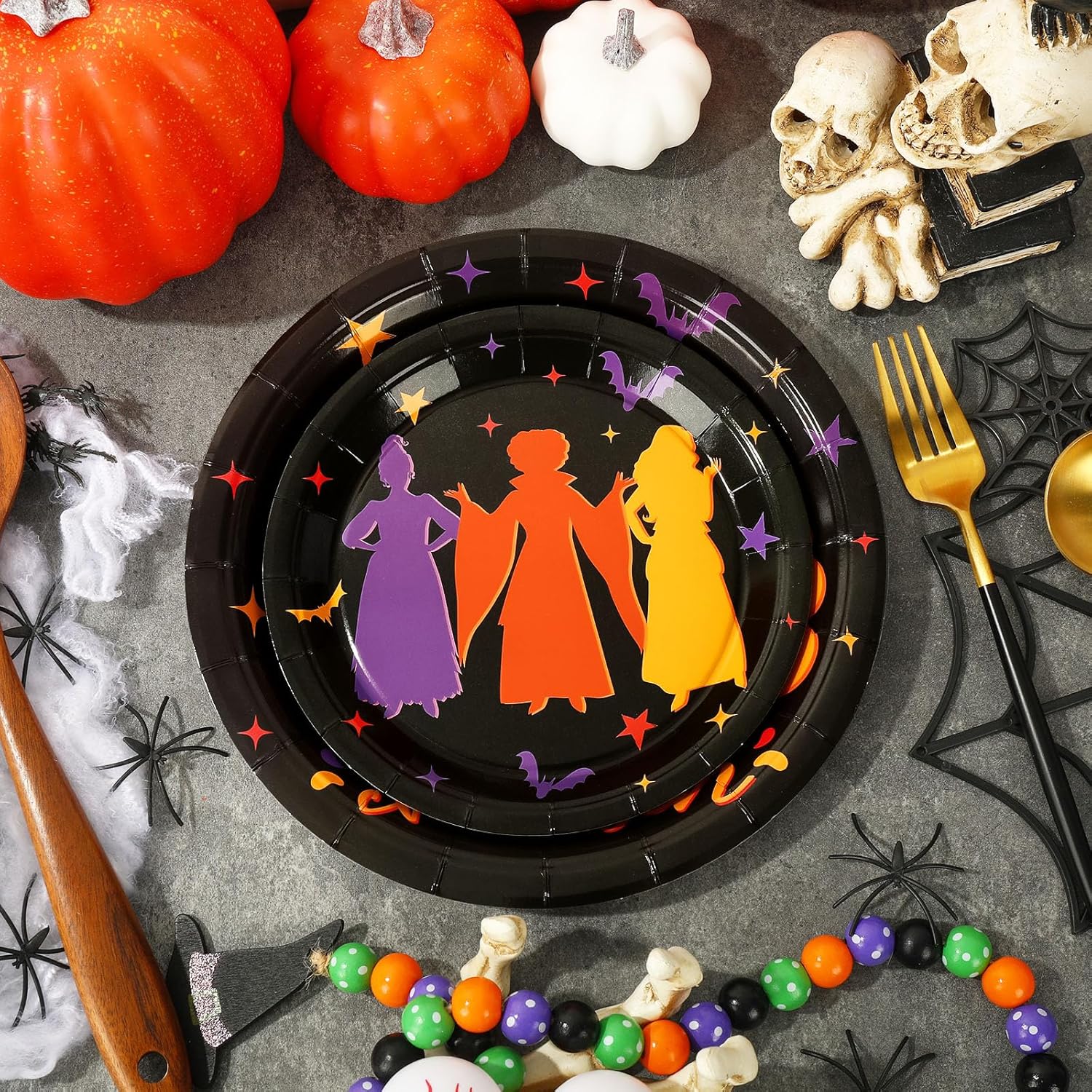Whaline Juego de 40 platos de papel de Halloween con diseño de bruja Hocus Pocus, platos desechables para fiesta de Halloween, vacaciones, cena,
