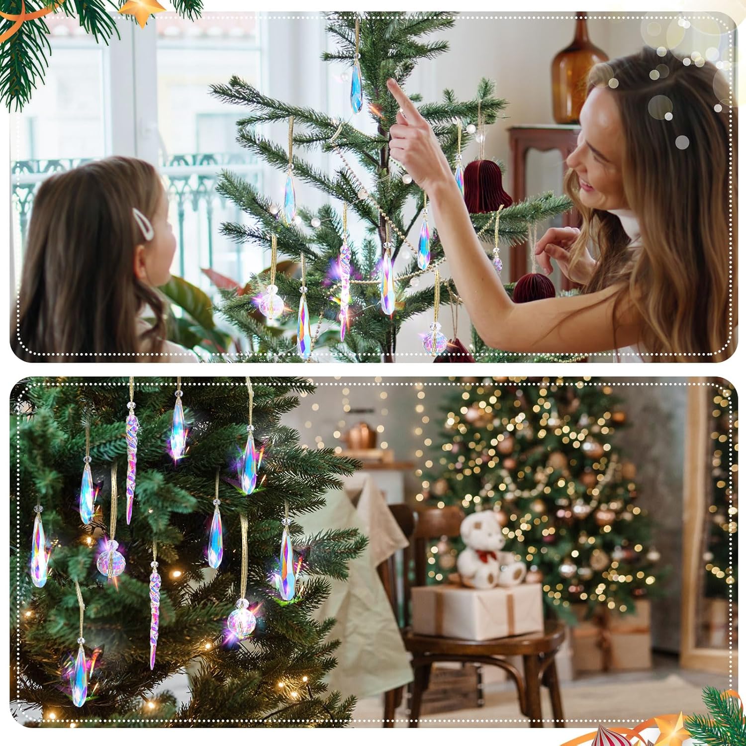 36 adornos de cristal de Navidad para árbol de Navidad, bolas de cristal multicolor, lágrima colorida, prisma colgante, cristales colgantes para