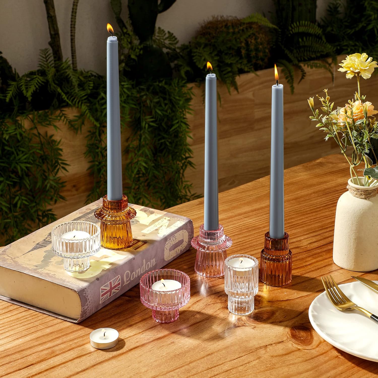 Lysenn Portavelas de vidrio ámbar para velas de pilar, velas cónicas, velas de candelita  Portavelas multiusos premium  Se adapta a velas de 78
