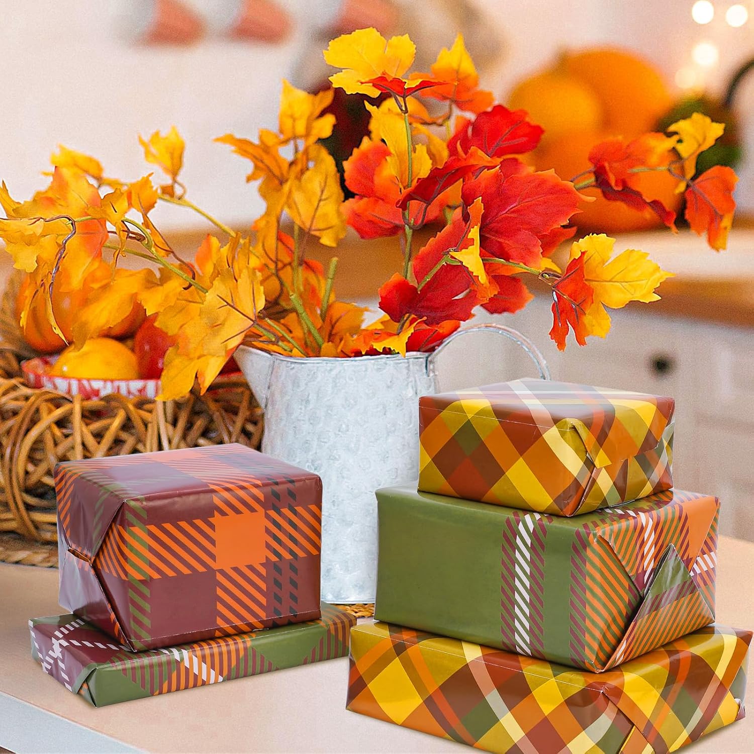 Whaline 12 hojas de papel de regalo de otoño, 6 estilos, papel de embalaje a cuadros amarillo y verde, plegado, papel de manualidades para otoño,