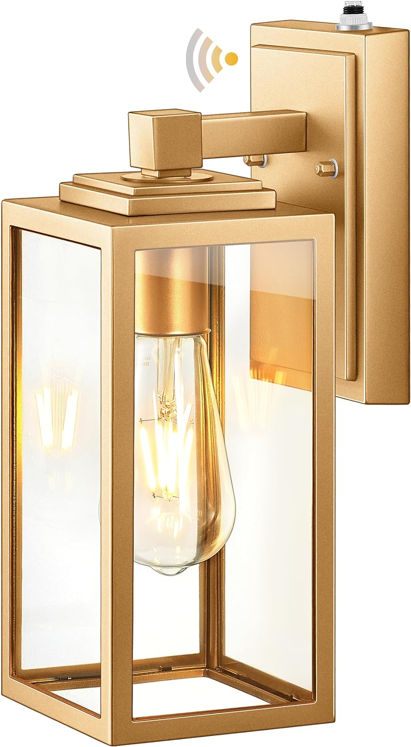 VIANIS Lámpara de pared dorada para exteriores, sensor de atardecer a amanecer, apliques de montaje en pared exterior para casa, lámparas de pared