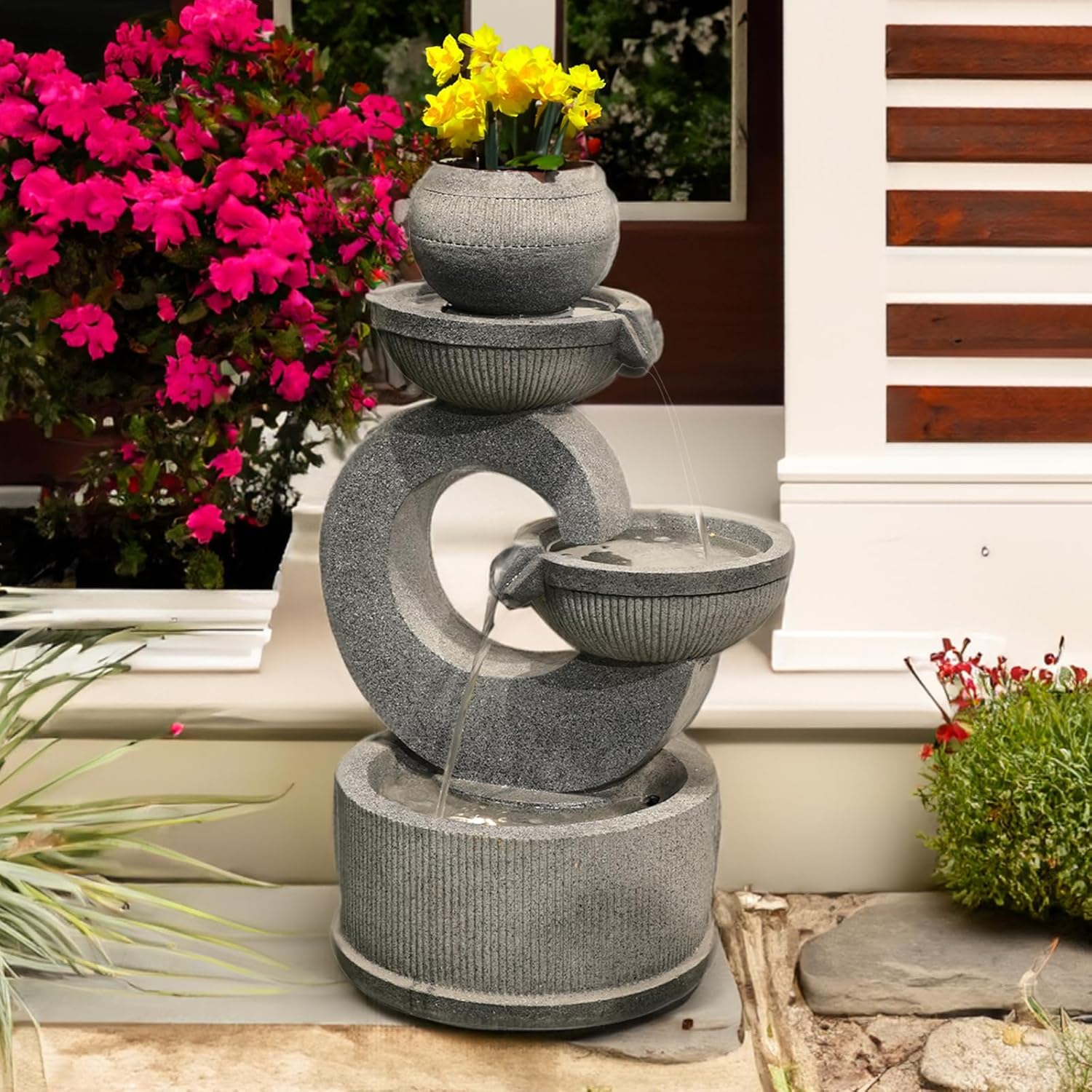 Fuente de agua para exteriores, cuencos de 3 niveles, fuente independiente para jardín, 35 pulgadas de alto para patio, porche, patio