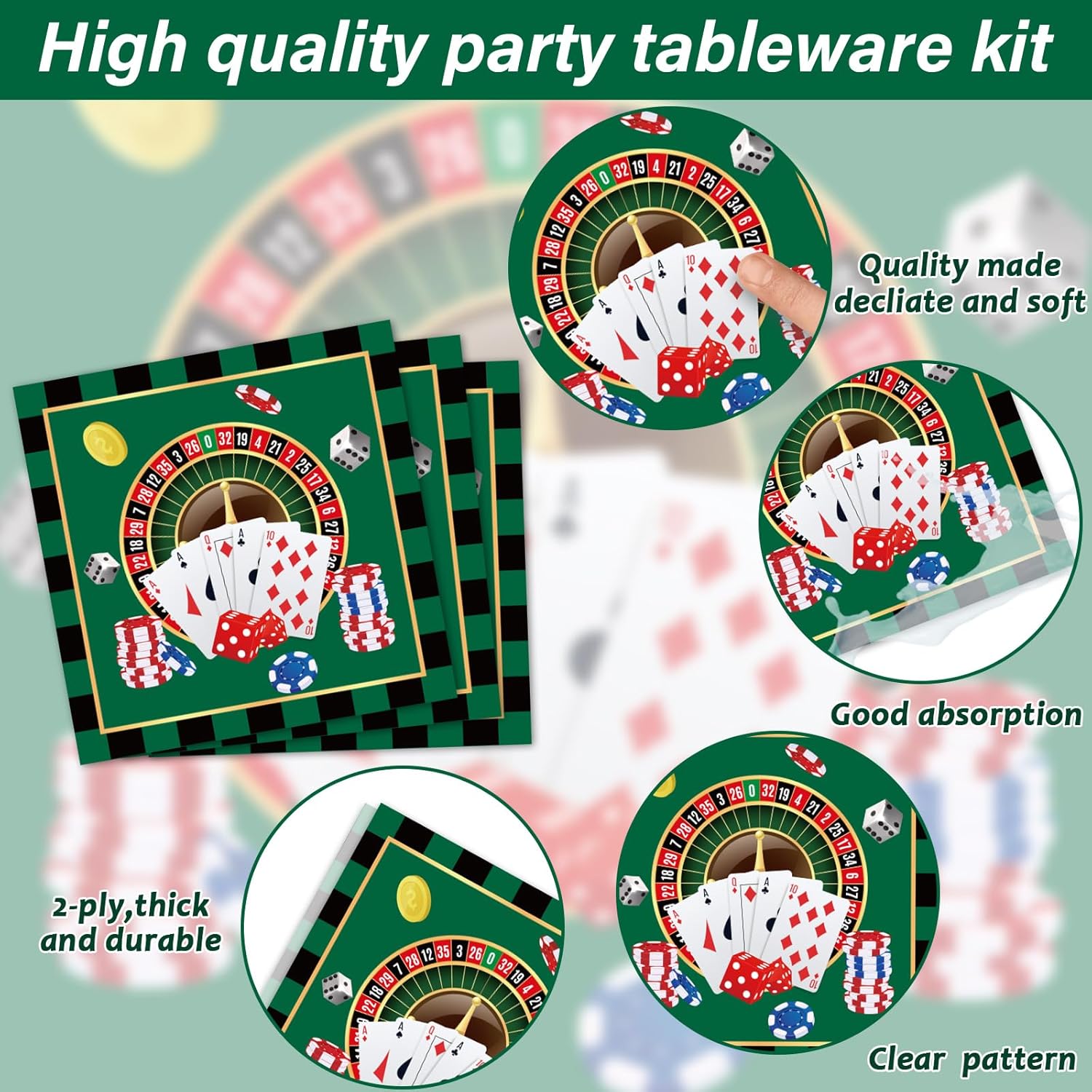 Juego de vajilla de 96 piezas con temática de casino para fiestas de cumpleaños de Las Vegas, tarjetas de póquer, tarjetas de póquer, fiesta de