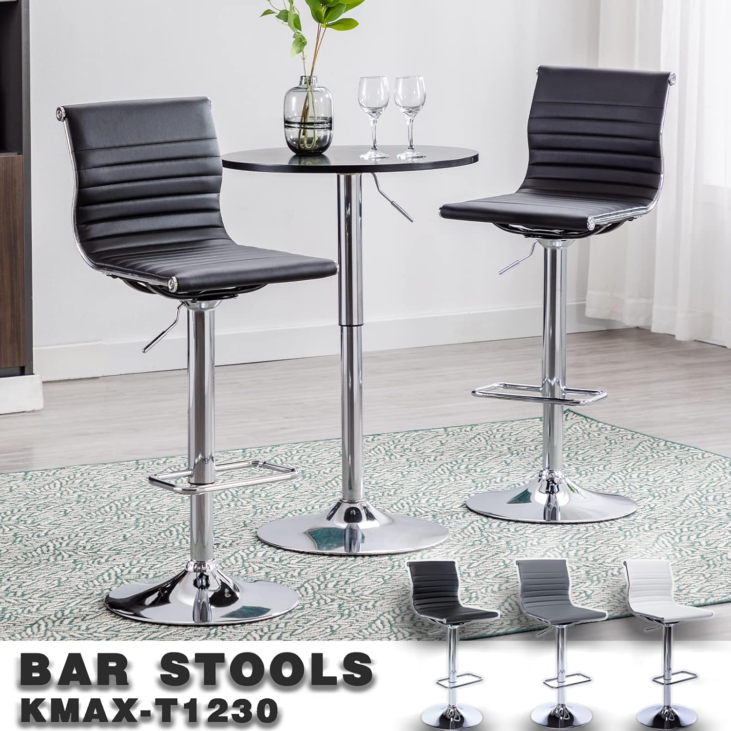 Kmax Taburetes de bar de metal, sillas giratorias negras de altura ajustable, taburete de cuero sintético sin brazos para cocina, oficina, club,