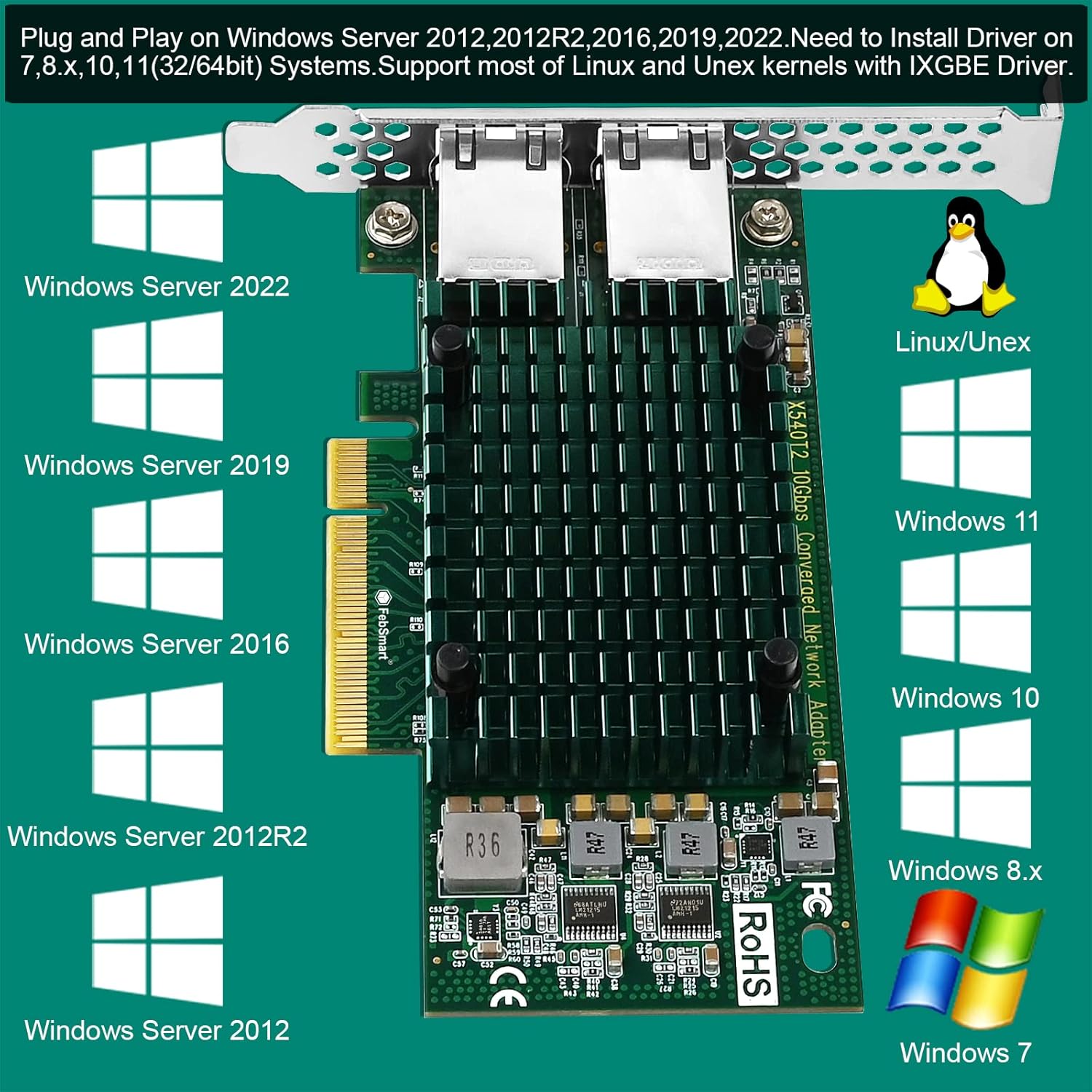 FebSmart Interfaz PCIE X8 a 2 puertos RJ45 de 10 Gbps, controlador Ethernet Intel X540-AT2, 2 tarjetas NIC PCIE de interfaz RJ45 de 10GbE, adaptador