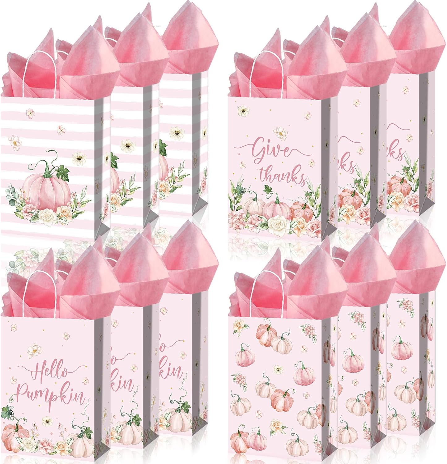 Capoda 24 bolsas de regalo de Acción de Gracias, bolsas de regalo de calabaza rosa a granel con asa y papel de seda, bolsas de agradecimiento,