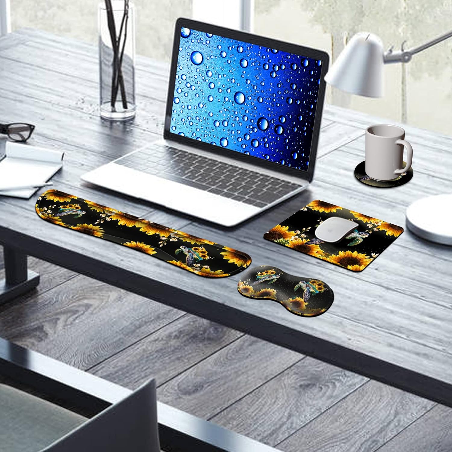Alfombrilla de mouse con soporte de muñeca + almohadilla de muñeca para teclado + alfombrilla de mouse para juegos + bonitos posavasos juego de 4