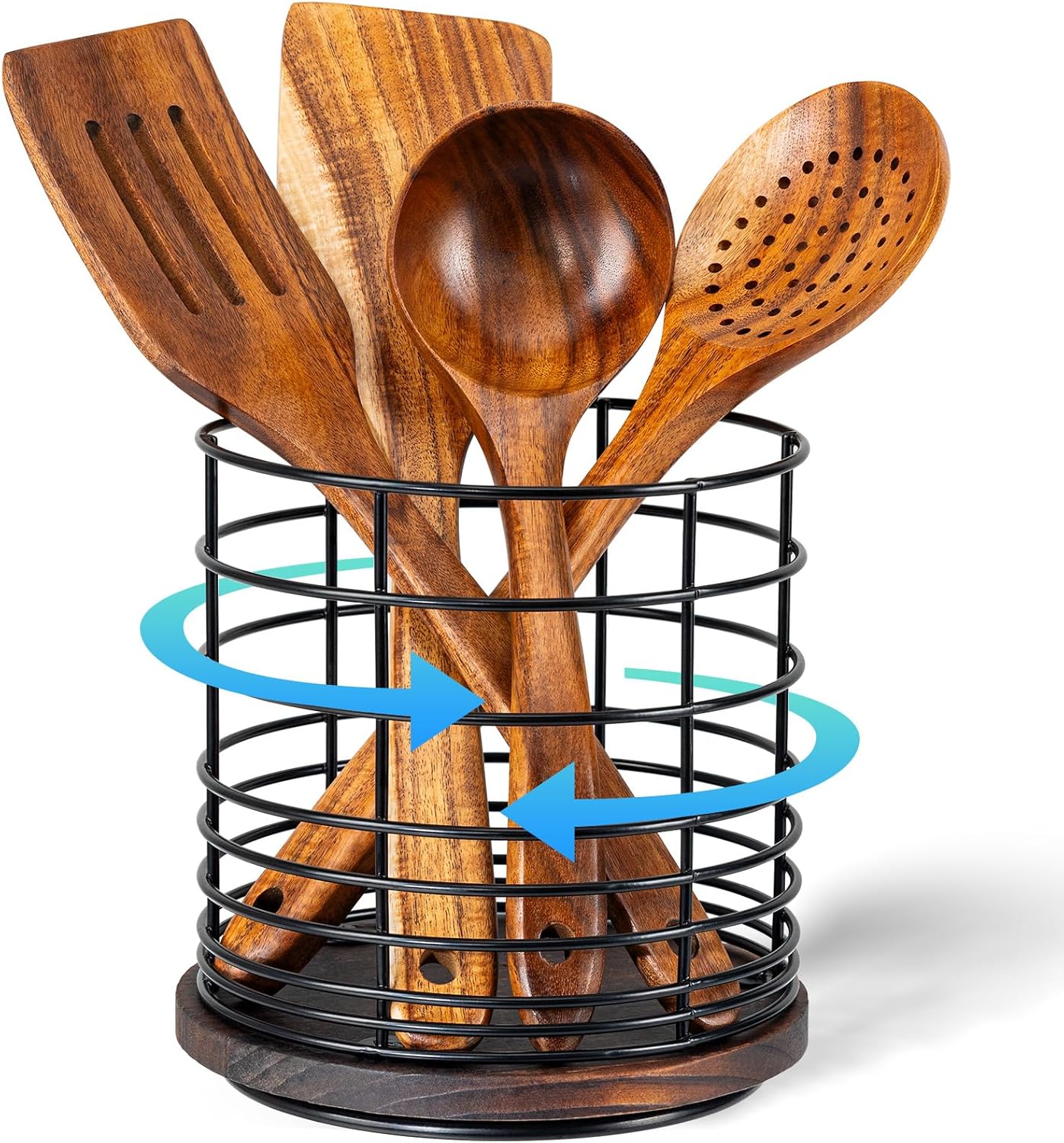 Soporte giratorio de 360 para encimera de cocina, soporte de utensilios de cocina grande de metal y madera de 6.5 pulgadas con orificio de drenaje,