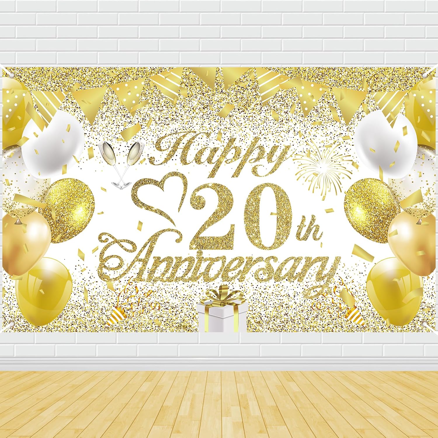 Rumia Decoraciones del 20 aniversario  Cartel de feliz boda de oro blanco, 72.8 x 43.3 pulgadas