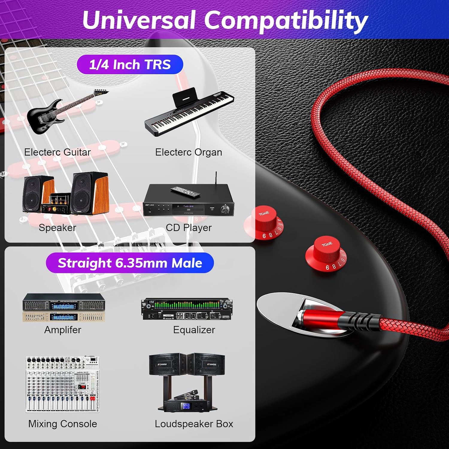 Canjoy Cable de instrumento TRS de 14 de pulgada, paquete de 2 cables de guitarra de 10 pies, macho de 0.250 in a 0.250 in, cable AMP para guitarra