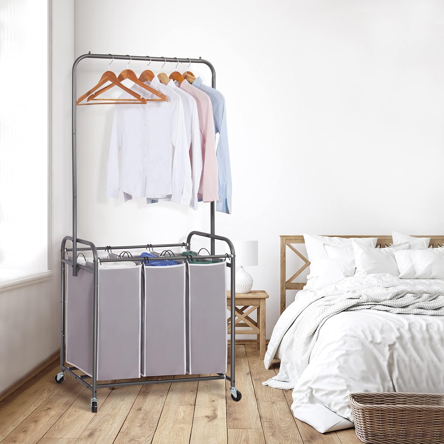 STORAGE MANIAC Clasificador de ropa sucia con barra para colgar, carrito de lavandería con ruedas enrollables resistentes y bolsas extraíbles,
