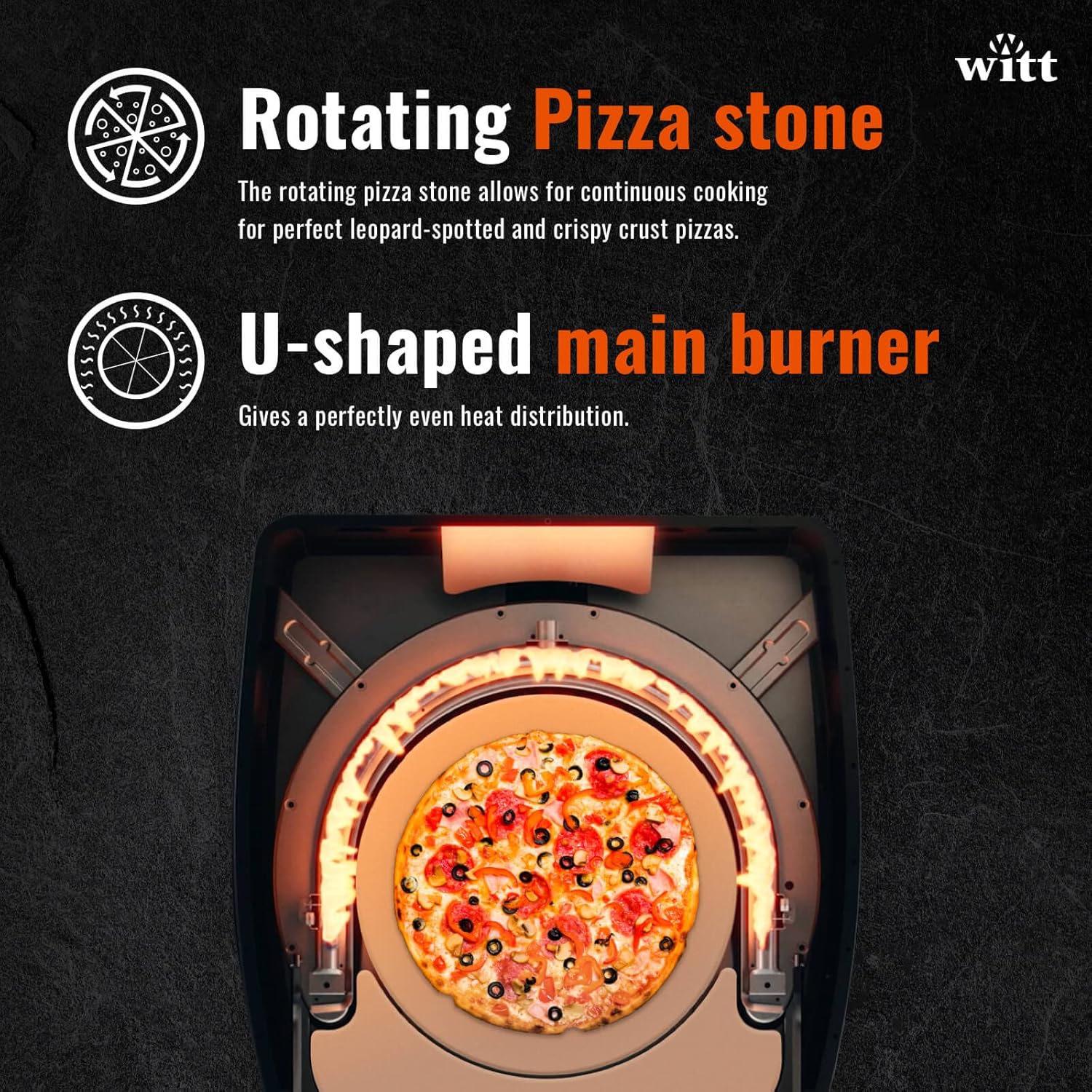 Horno de pizza Witt ETNA Rotante galardonado con piedra de pizza giratoria de 360 grados y quemador de refuerzo. Este horno de pizza a gas para