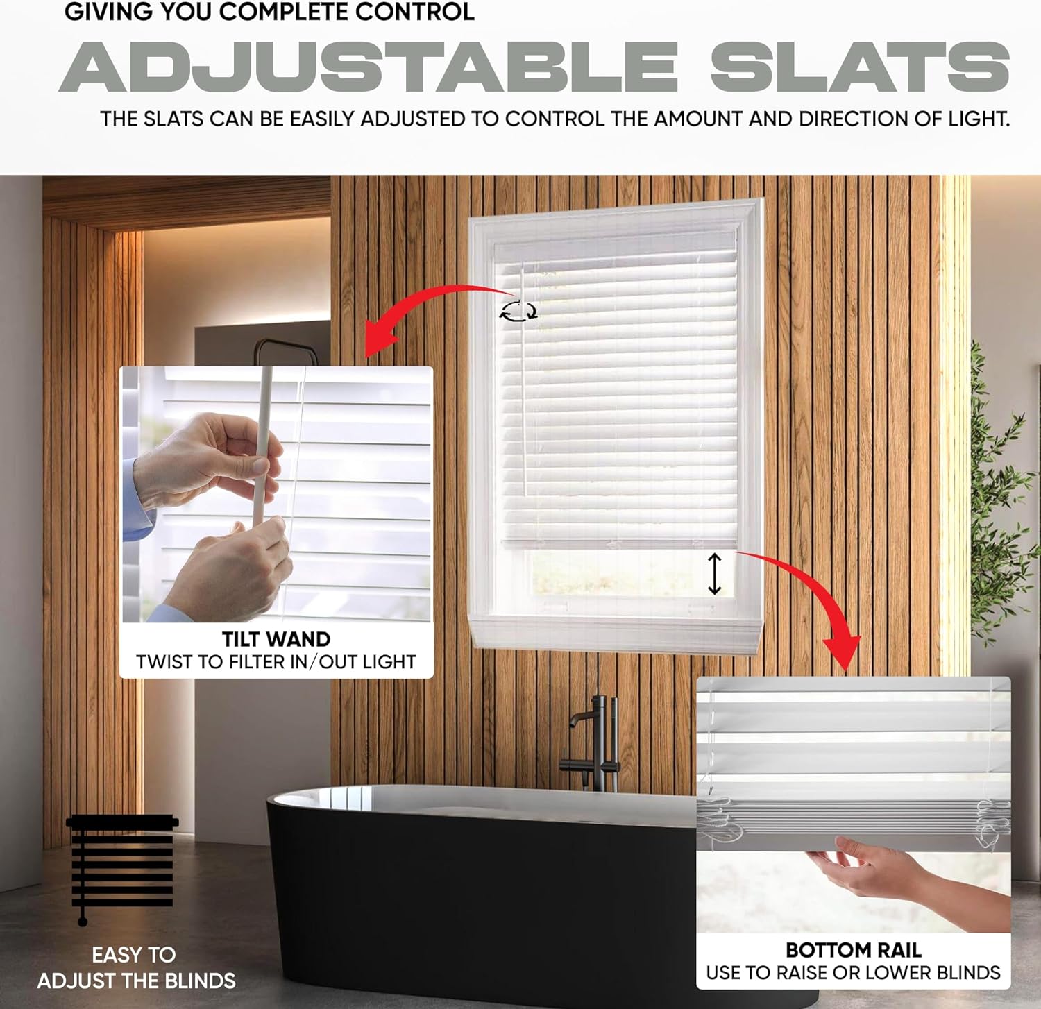 Elegante persiana de madera sintética sin cordón de 2 pulgadas de color blanco para ventanas de 27 12 (27.5 pulgadas de ancho x 48 pulgadas de largo)