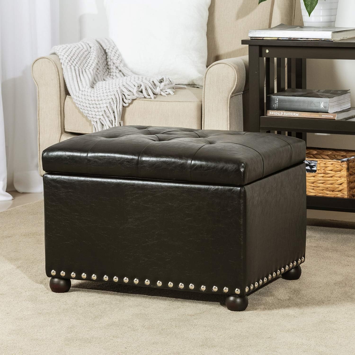 Joveco Otomana rectangular de almacenamiento, banco de almacenamiento de piel sintética con tapa elevable, mesa auxiliar, reposapiés para sala de