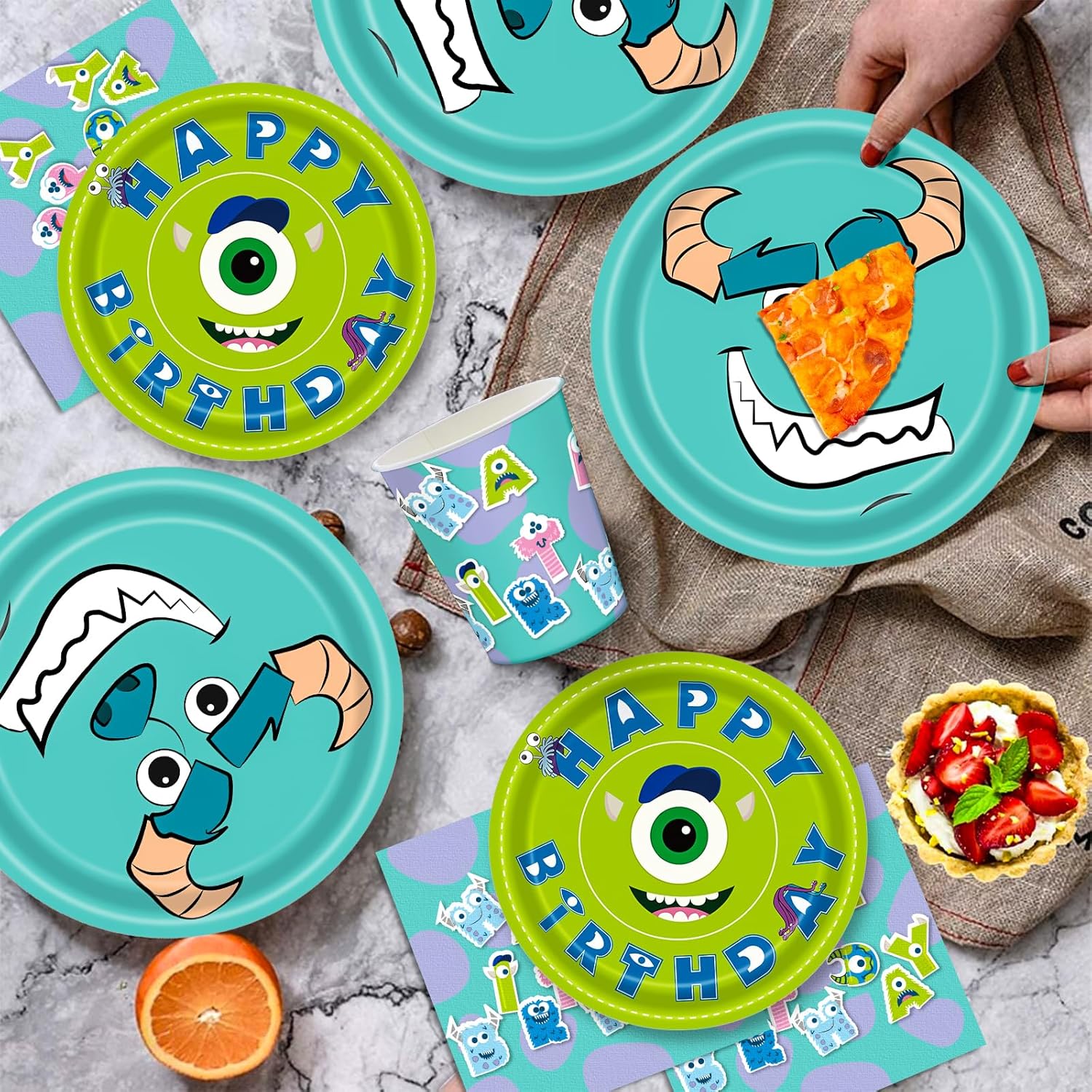 Juego de 80 piezas de platos de papel para fiesta de cumpleaños de monstruo, servilletas, tazas, tenedores, niños, monstruos, fiesta de cumpleaños,