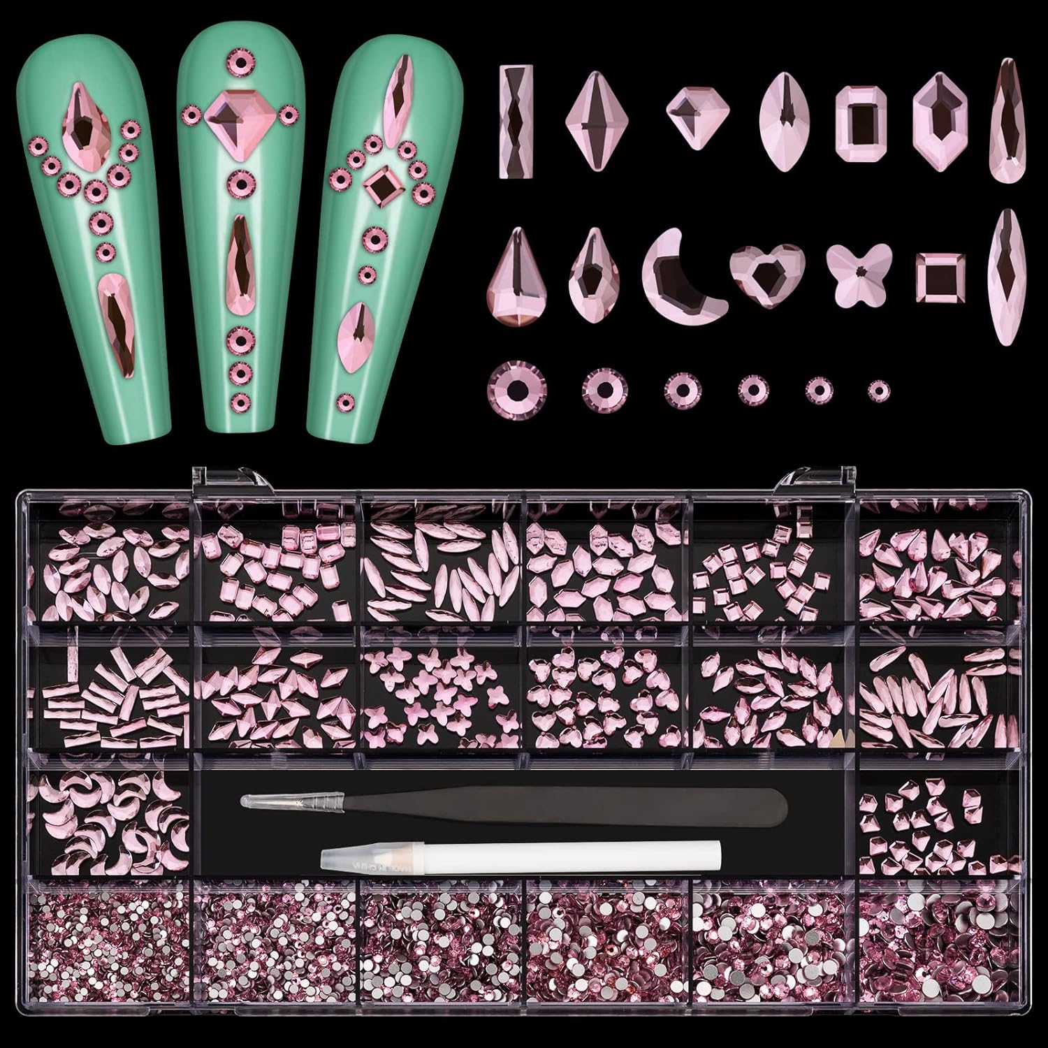 Noverlife Juego de 3830 diamantes de imitación rosados para arte de uñas, multiformas, juego de diamantes de imitación para uñas, kit de piedras