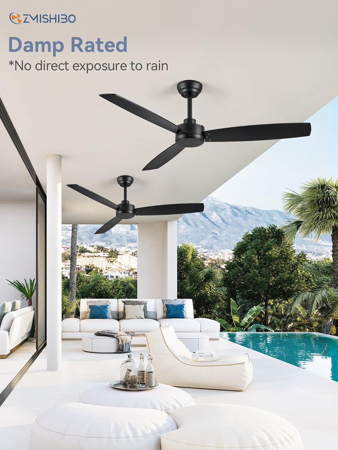 ZMISHIBO Paquete de 2 ventiladores de techo para exteriores de 52 pulgadas con control remoto, ventilador de techo negro, sin luz con motor CC