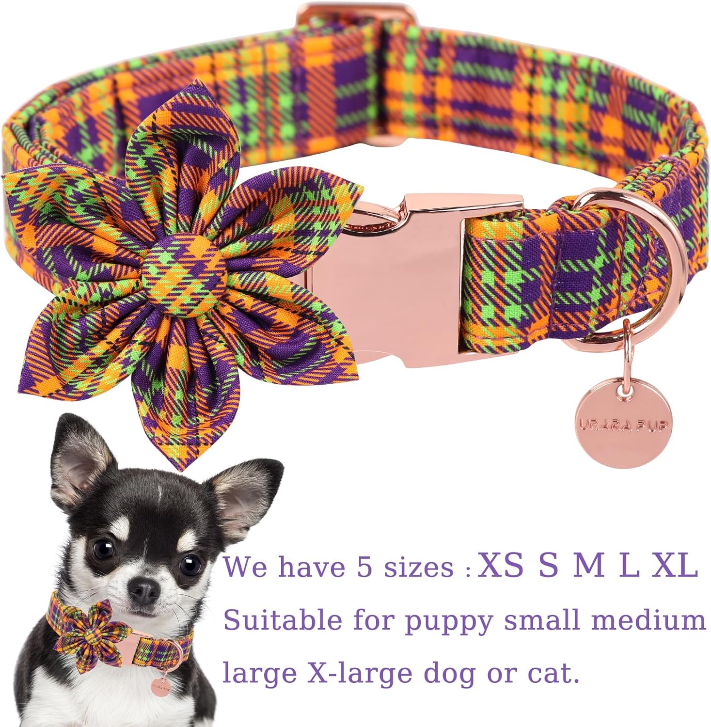 Collar de perro de Halloween con flor, collar de perro a cuadros de Halloween para hembras pequeñas, collar de perro de otoño e invierno con hebilla