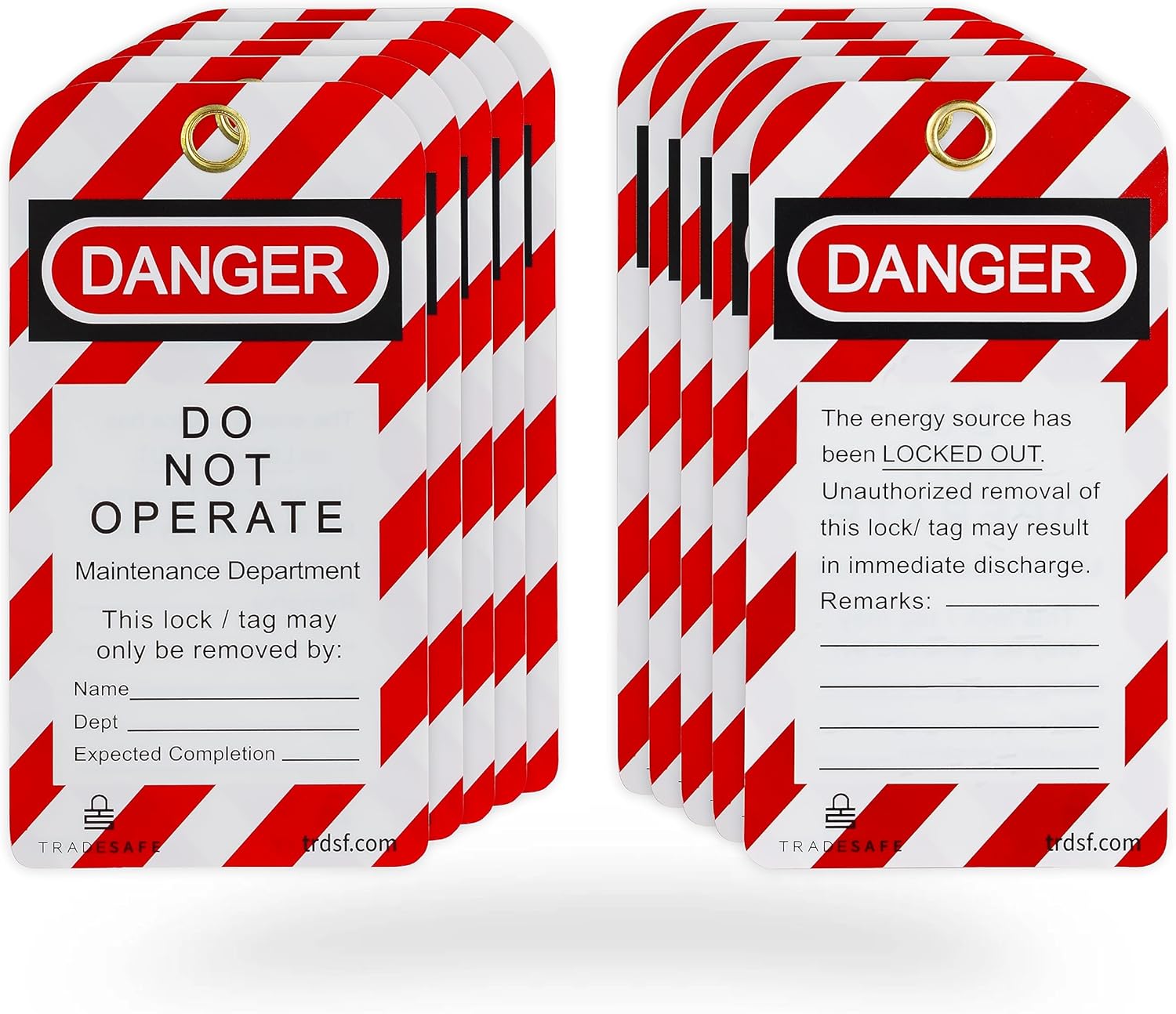 TRADESAFE Etiquetas de bloqueo – 10 etiquetas de peligro de no operar con 10 bridas, vinilo de alta calidad de 32 mil, etiquetas de loto compatibles