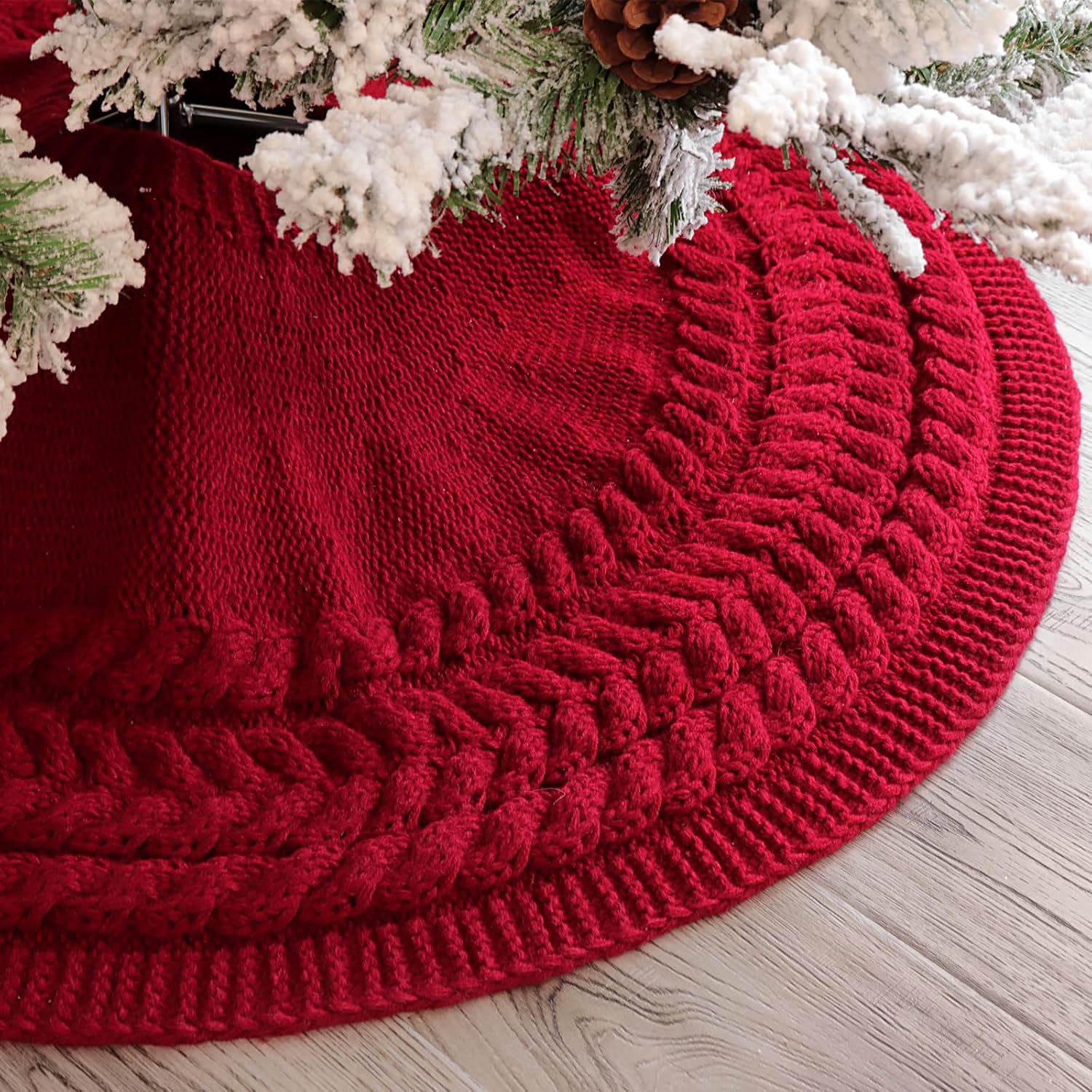 Falda de árbol de Navidad de 36 pulgadas anillos anuales de punto trenzado grueso, falda redonda de árbol rojo vino, decoraciones rústicas para