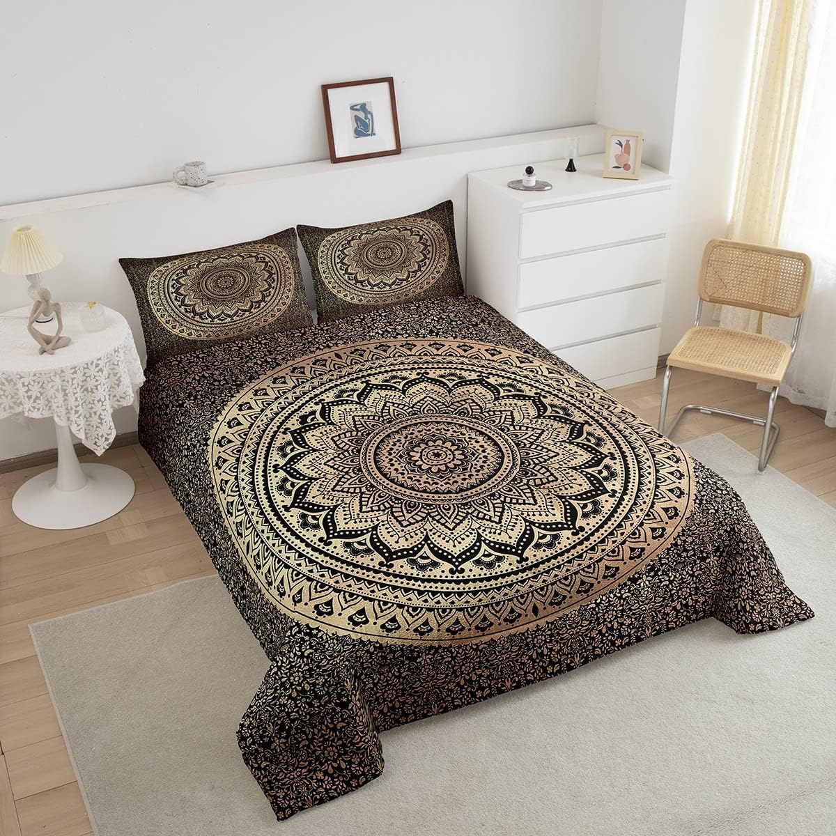 Castle Fairy Juego de edredón bohemio de mandala para niños, niñas, niños y adolescentes, edredón bohemio de 3 piezas, color marrón y negro, tamaño