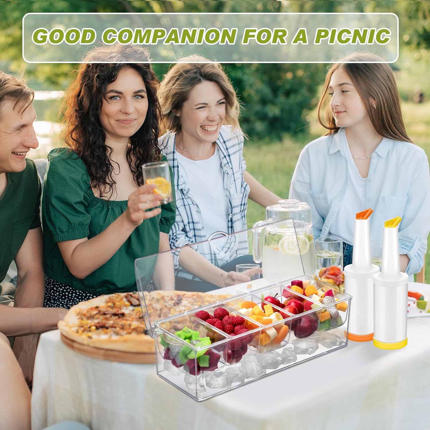 Seewey Bandeja de condimentos con 2 botellas de jugo de fruta y licor, 12 piezas de vertedores de botellas de licor, bandeja de condimentos