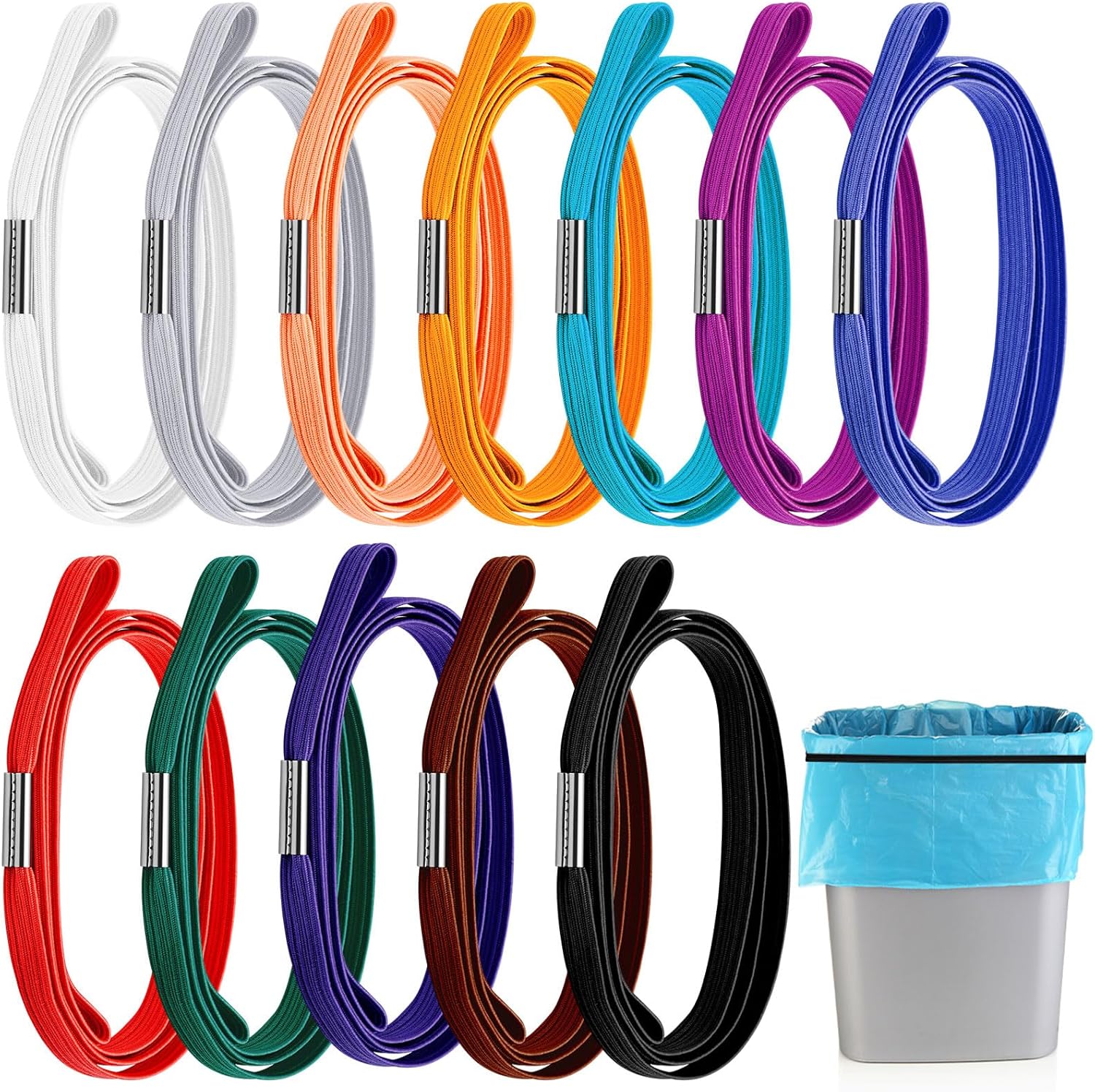 Riakrum 12 bandas de basura de 3.28 pies que se adaptan a botes de basura de 13 a 30 galones, bandas de basura coloridas para bolsas de basura en