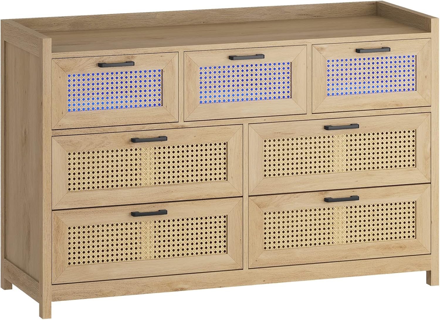AOGLLATI Cómoda para dormitorio con 7 cajones, cómoda de ratán con luz LED, cómoda de madera ancha LED para dormitorio
