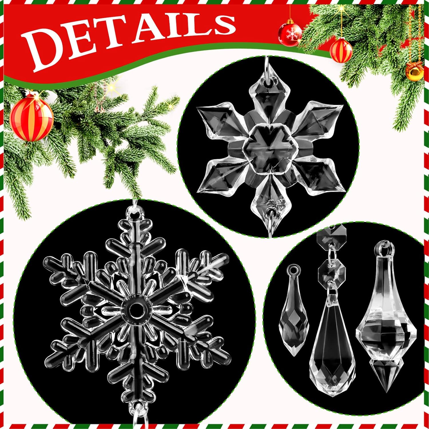 28 adornos de cristal para decoración de árbol de Navidad, juego de adornos colgantes de copo de nieve de Navidad, carámbano acrílico con línea de