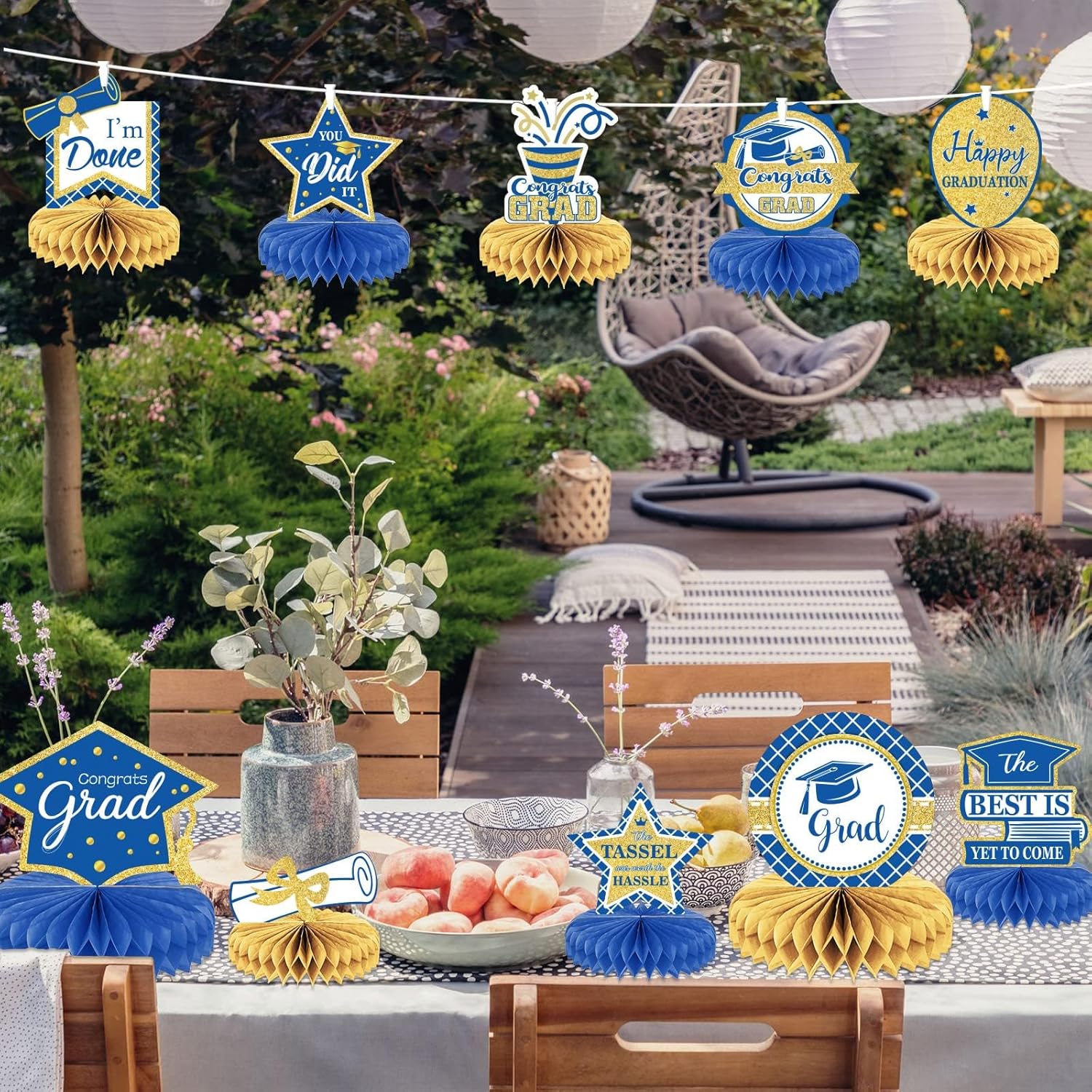 10 piezas de decoraciones de fiesta de graduación 2024 Felicidades graduados centros de mesa de panal de abeja Felicitaciones 2024 Felicitación de