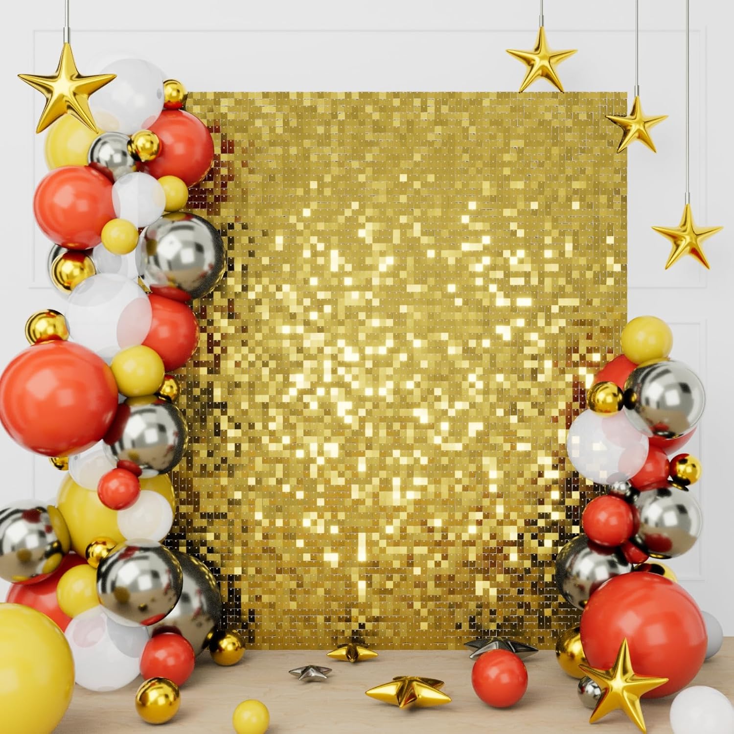 Telón de fondo de pared brillante de 12 paneles cuadrados de lentejuelas doradas claras con purpurina para decoración de cumpleaños, aniversario,