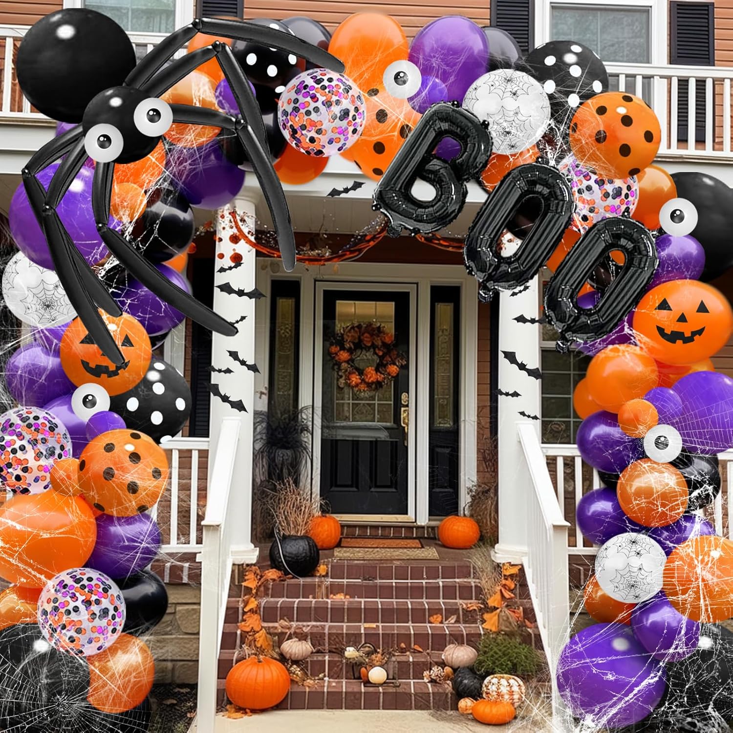 Globos de Halloween de 149 piezas para decoración de fiestas, globos de papel de aluminio, murciélagos, telaraña, globos de confeti, naranja y negro