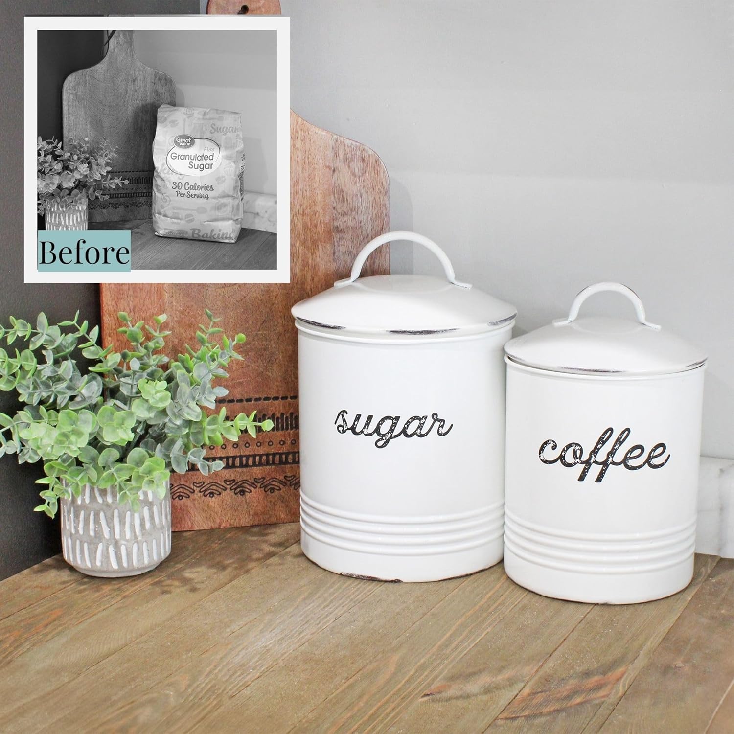 AuldHome – Recipiente de azúcar blanco esmaltado almacenamiento de grapas de estilo rústico envejecido para cocina