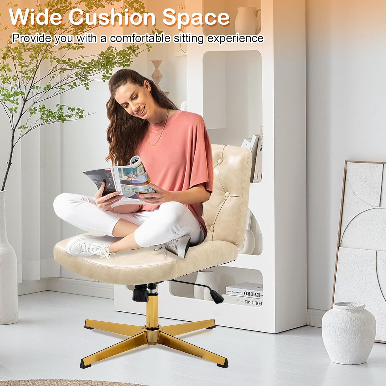 HomVent Silla de escritorio de oficina sin brazos sin ruedas, silla de escritorio acolchada de piel sintética, moderna silla de escritorio