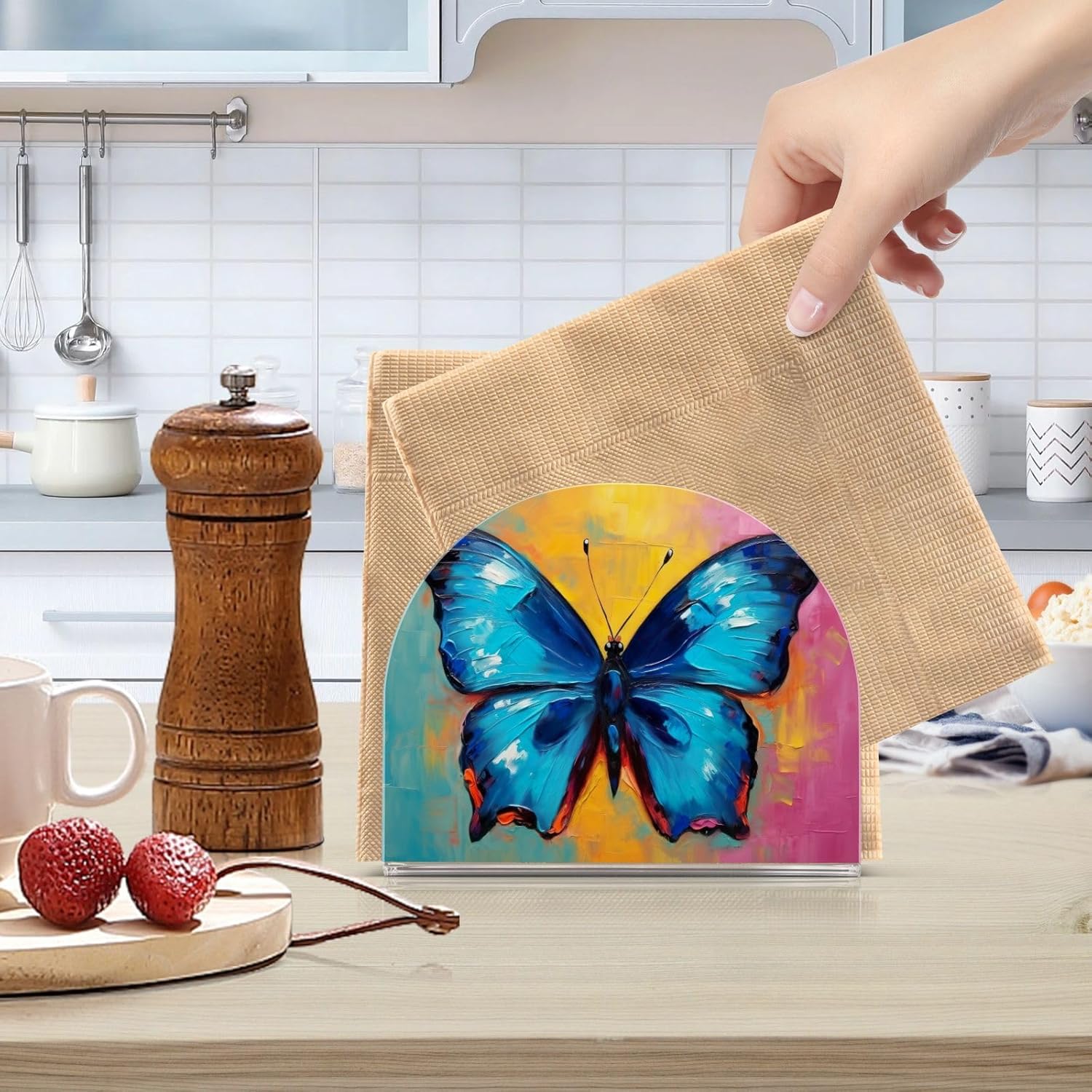 Napkin Holder Oil Painting Butterfly Napkin Holders for Tables, Clear Acrylic Napkin Holders Cocktail Napkin Holder for Kitchen Restaurant Bar Home
