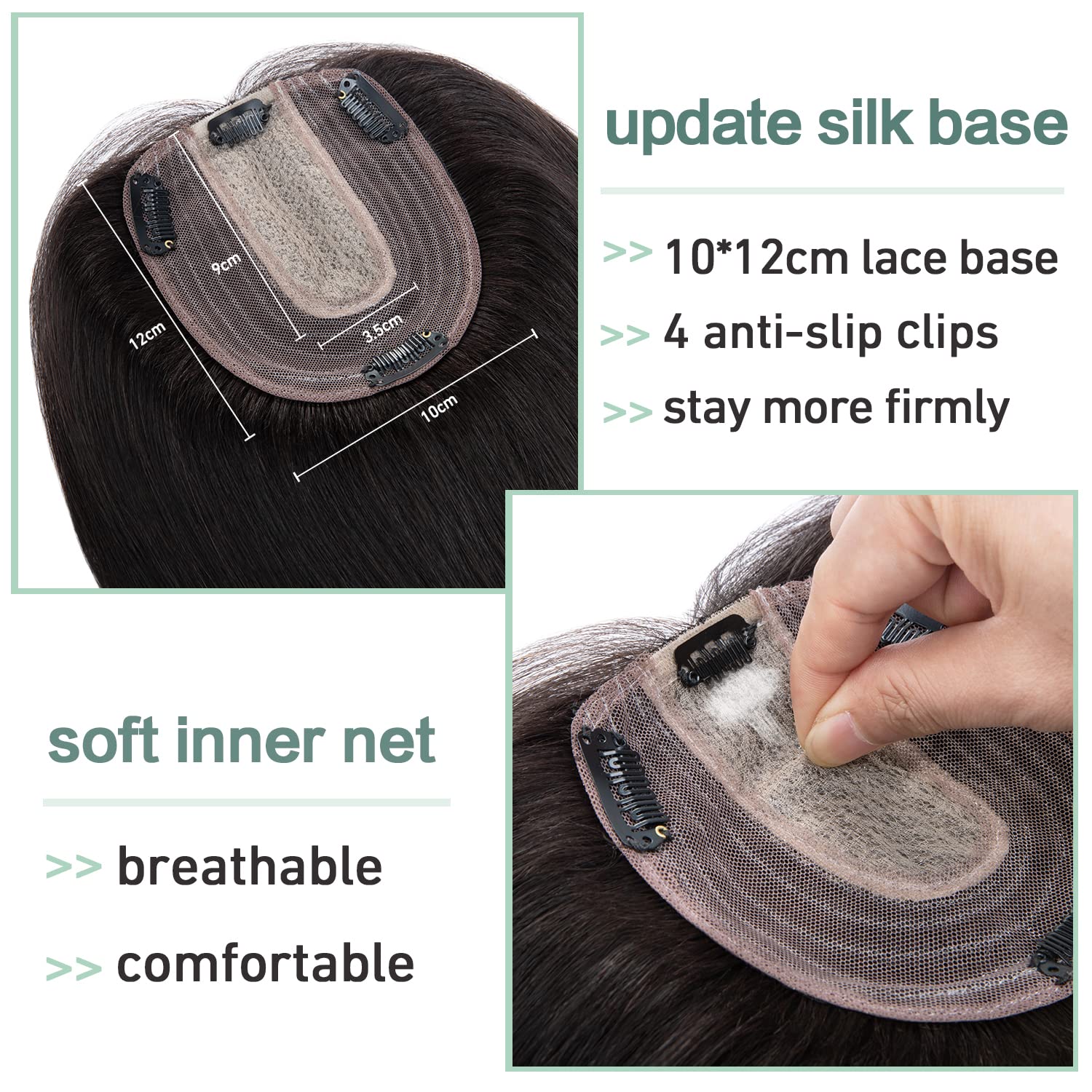 S-noilite Toppers para el cabello humano real para mujer, sin flequillo, 3.9 x 4.7 in, base de seda, extensiones de pelo con clip para cabello fino,