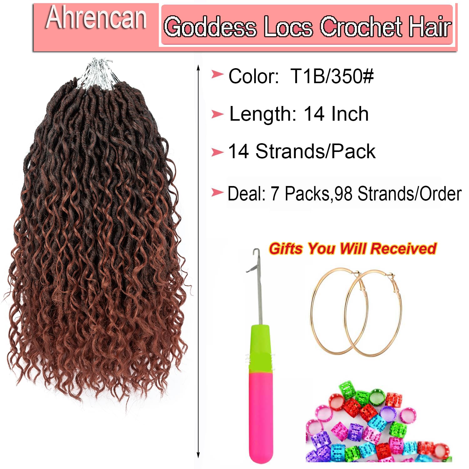 Copper Goddess – Rastas sintéticas de ganchillo con extremos rizados, 7 paquetes de cabello bohemio de ganchillo de 14 pulgadas, cabello de