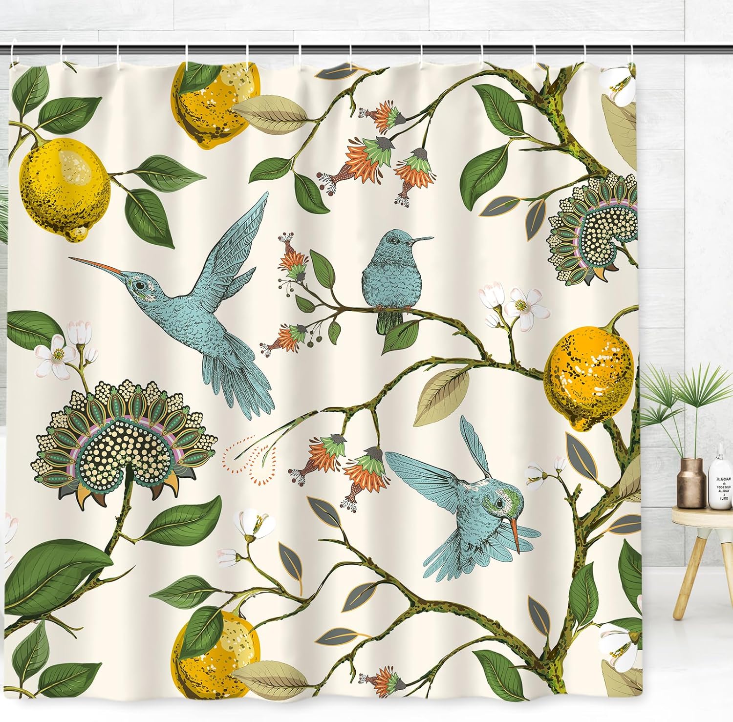 AnyDesign – Cortina de ducha de limón, diseño de pájaros azules, árbol de limón, decoración de baño, juego de cortina de baño retro con ganchos para
